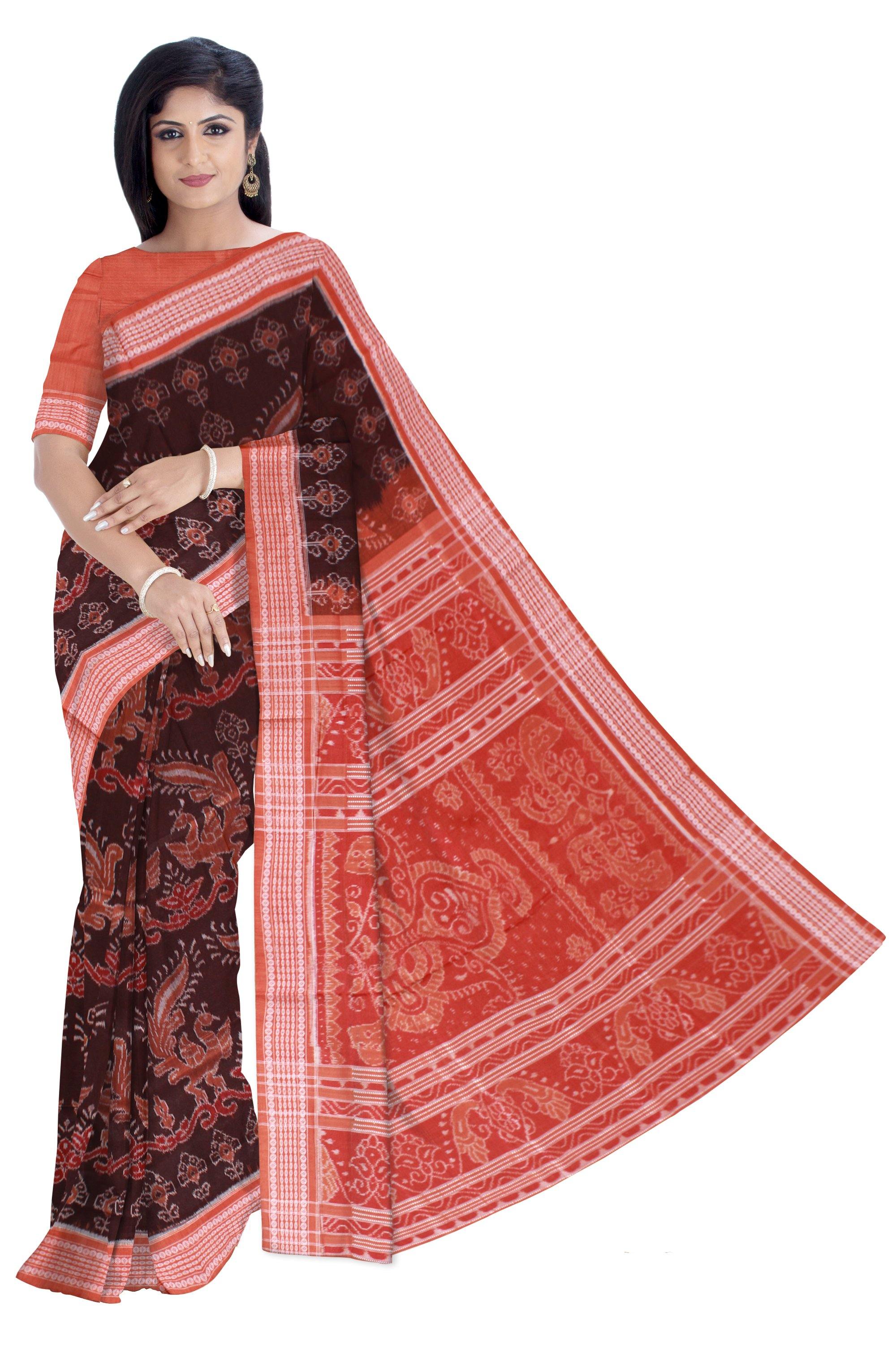 3D Mayuri pattern Brown IKAT saree with Blouse piece - Koshali Arts & Crafts Enterprise