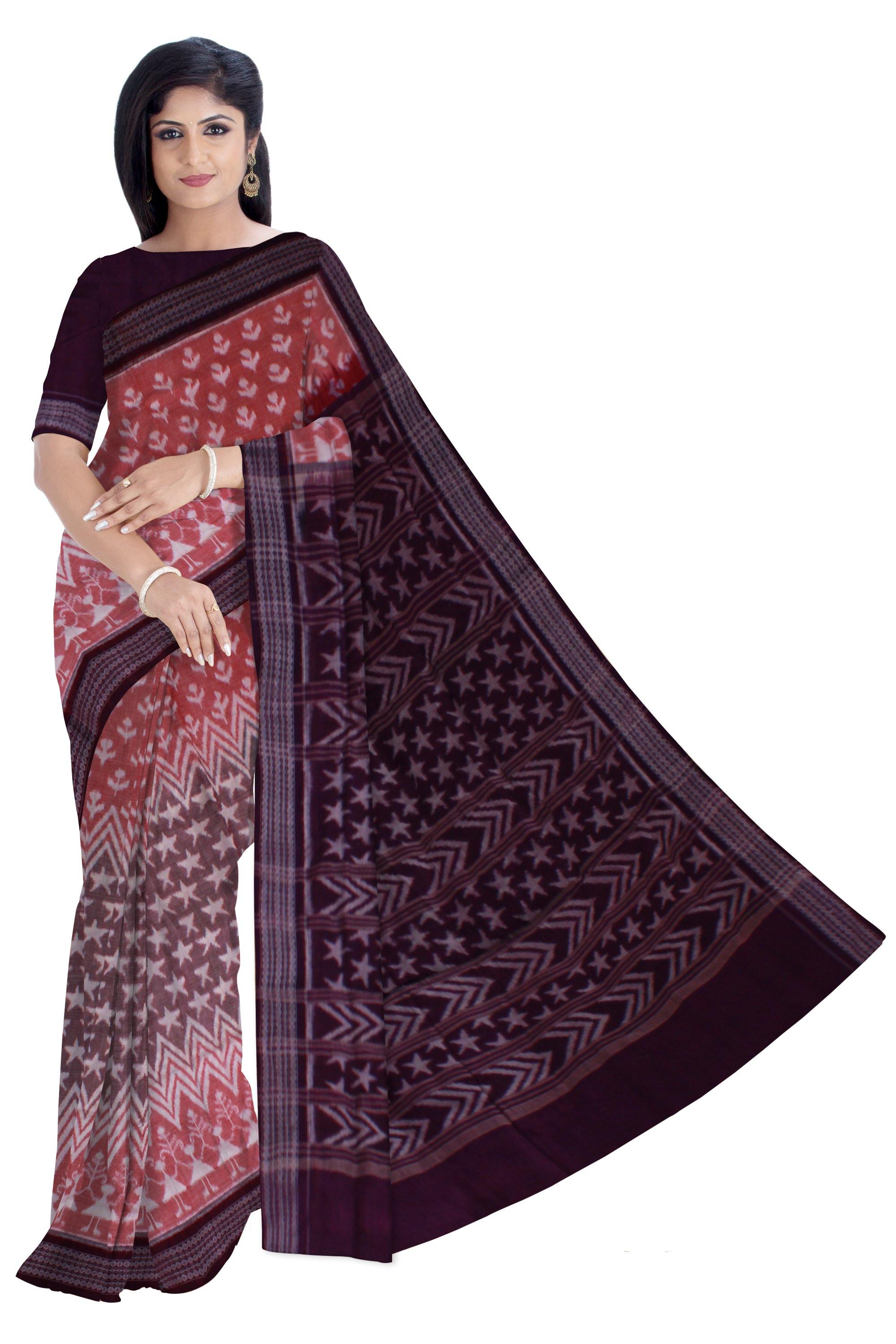 Sambalpuri handwoven cotton saree with star print with blouse piece - Koshali Arts & Crafts Enterprise