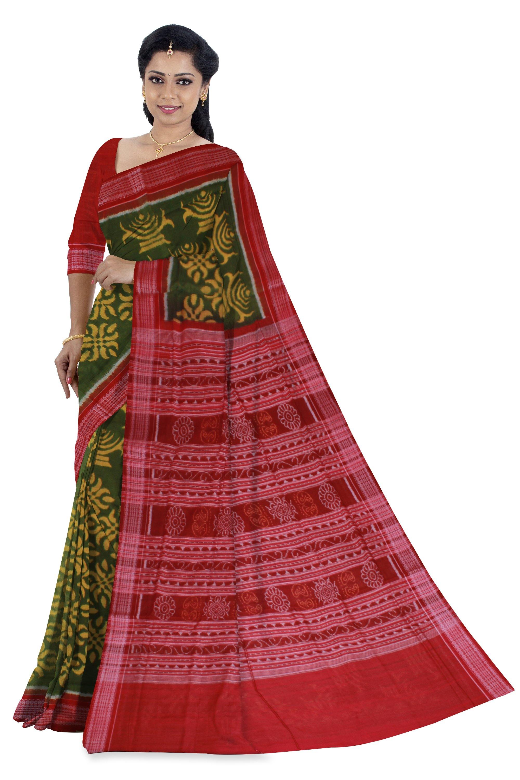 A Handwoven Sambalpuri saree in olive green color with blouse piece. - Koshali Arts & Crafts Enterprise