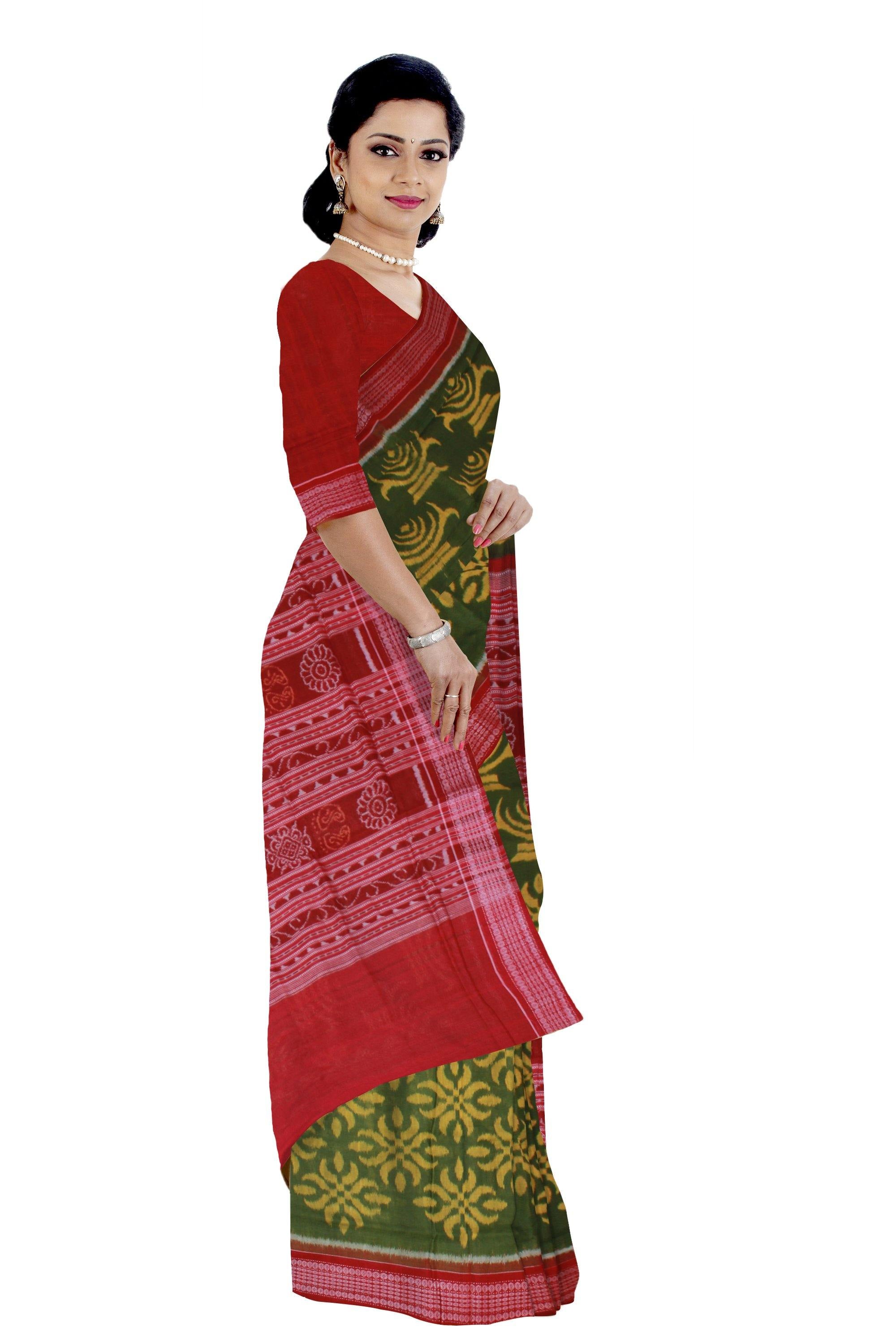 A Handwoven Sambalpuri saree in olive green color with blouse piece. - Koshali Arts & Crafts Enterprise