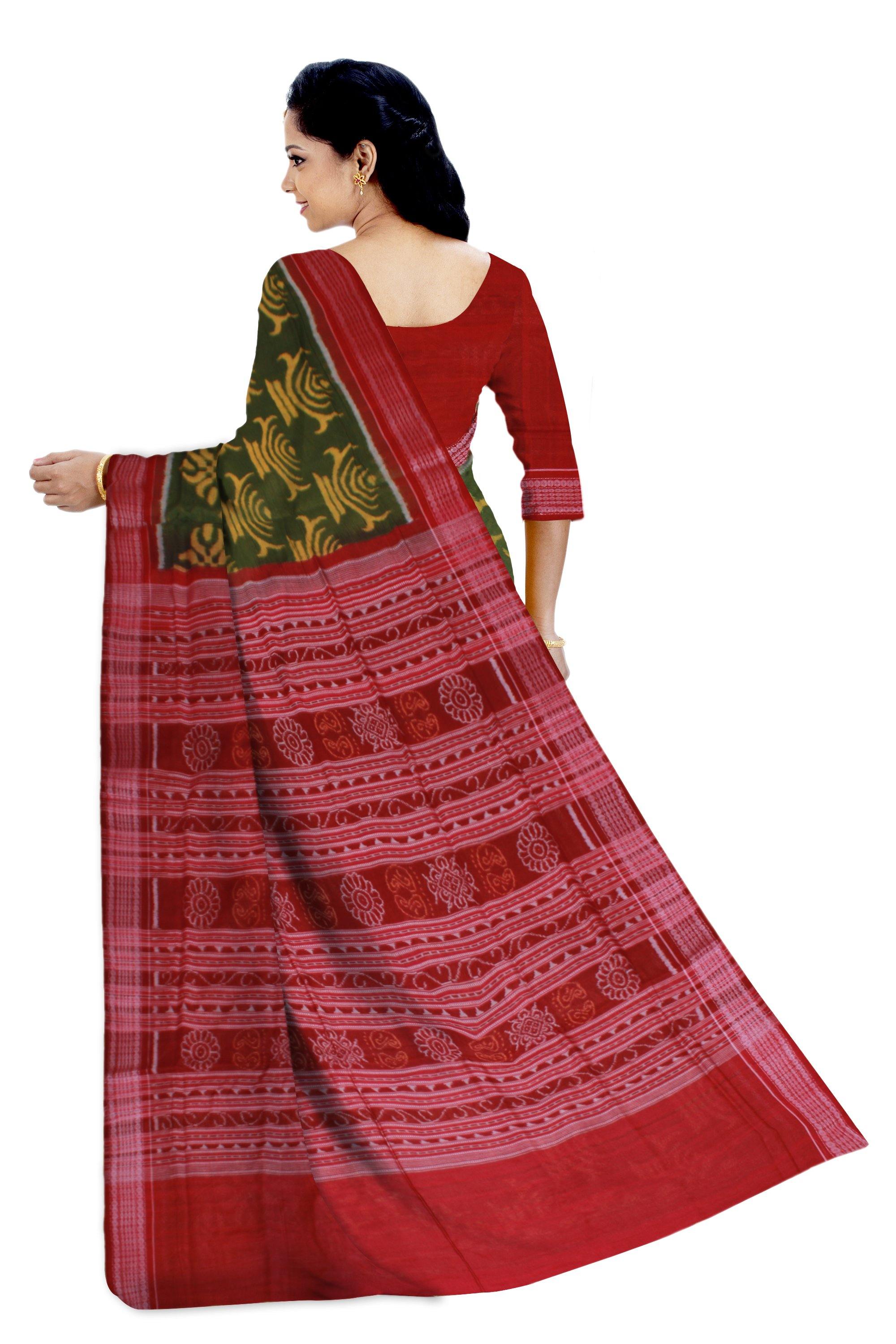 A Handwoven Sambalpuri saree in olive green color with blouse piece. - Koshali Arts & Crafts Enterprise
