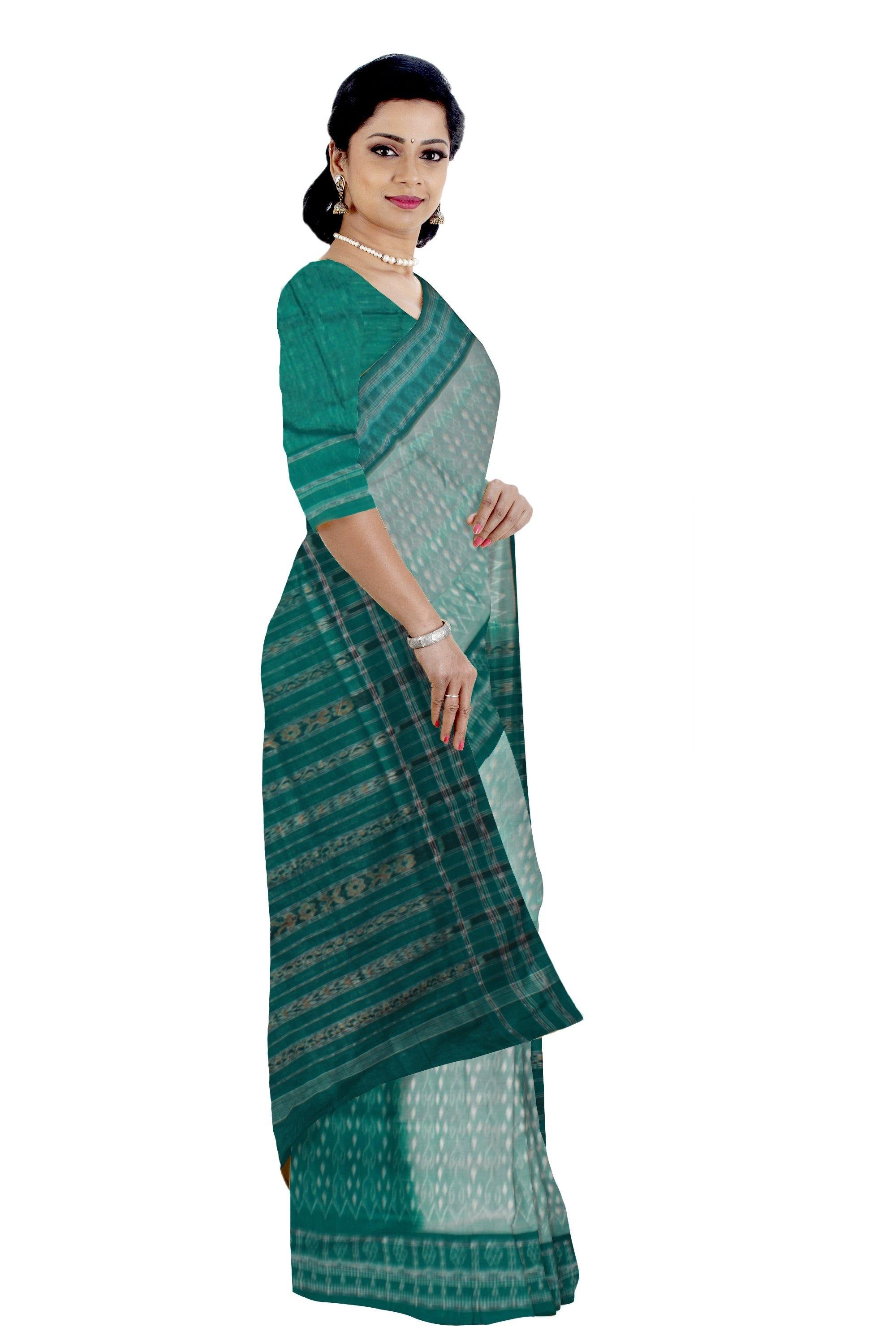 An Sambalpuri handwoven cotton saree in light green color with blouse piece - Koshali Arts & Crafts Enterprise