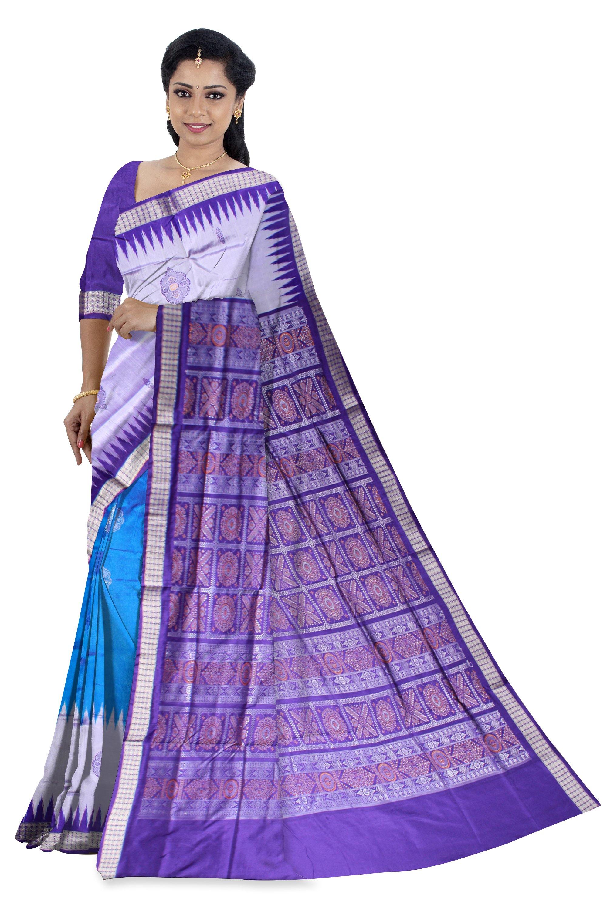 Exclusive Sambalpuri pata Saree in BLUE color body in Bomkei Pattern (with Blouse Piece) - Koshali Arts & Crafts Enterprise