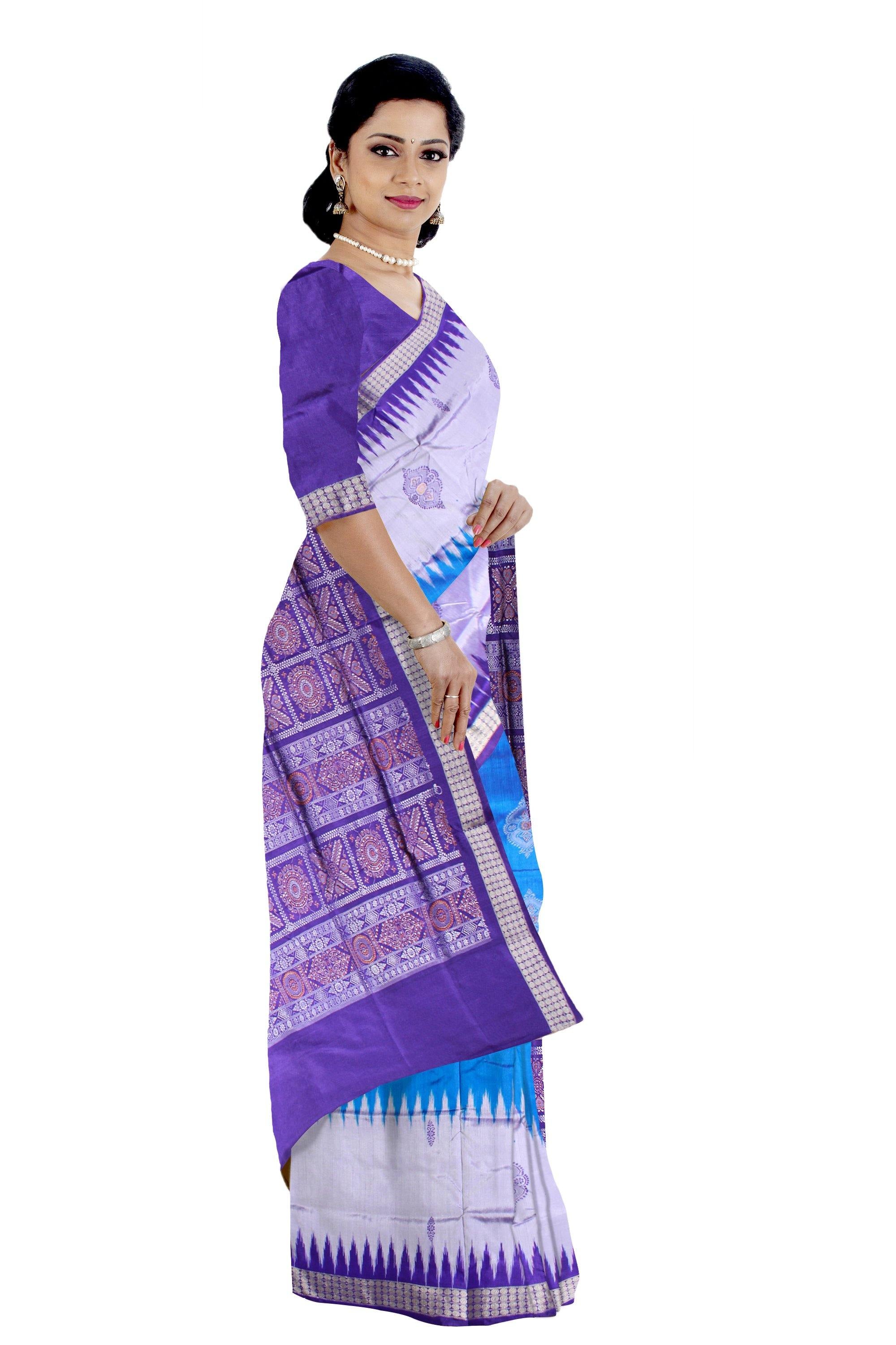 Exclusive Sambalpuri pata Saree in BLUE color body in Bomkei Pattern (with Blouse Piece) - Koshali Arts & Crafts Enterprise