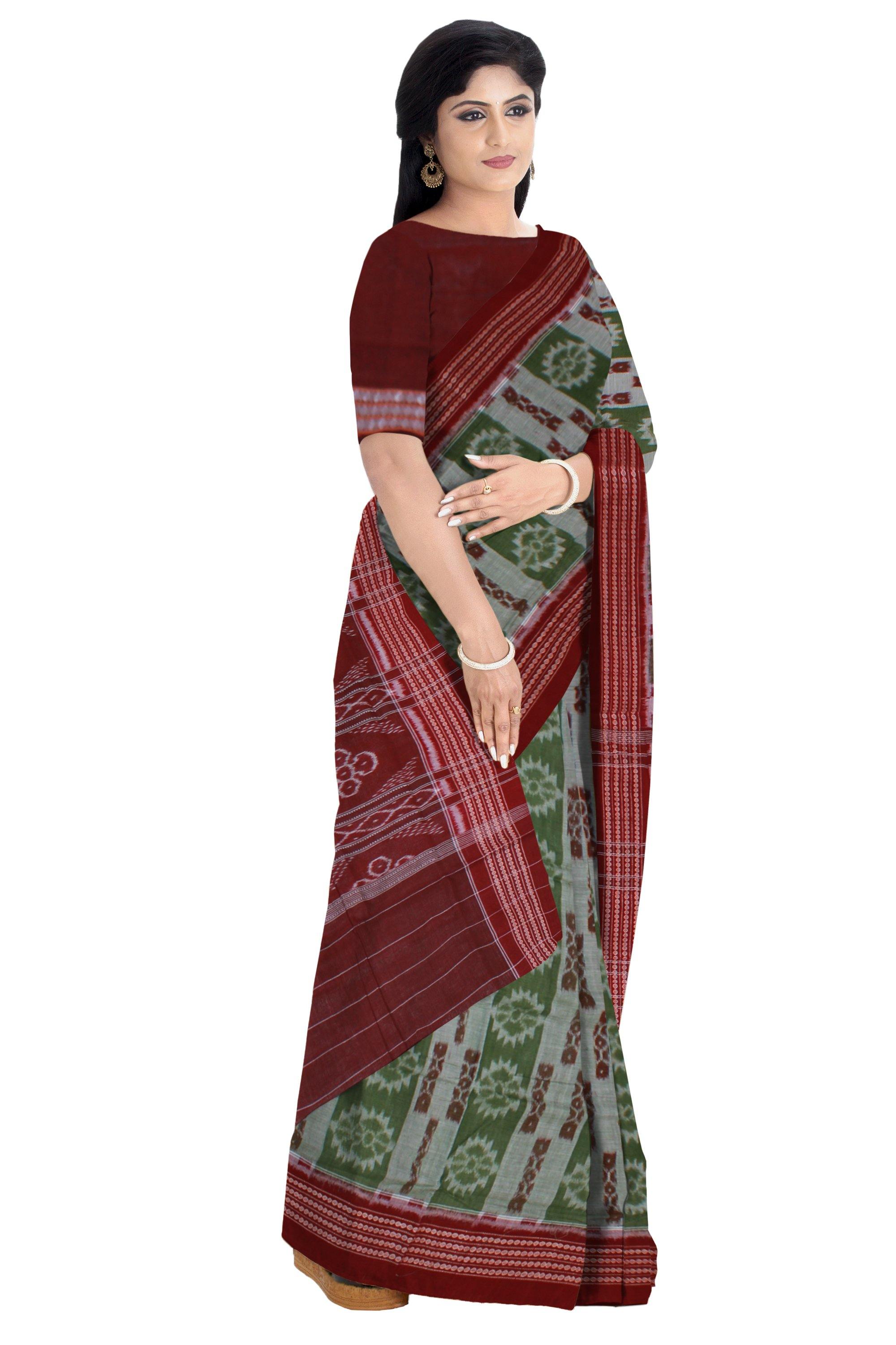 An Sambalpuri pure cotton saree in green and gray color with chakra print with blouse piece - Koshali Arts & Crafts Enterprise