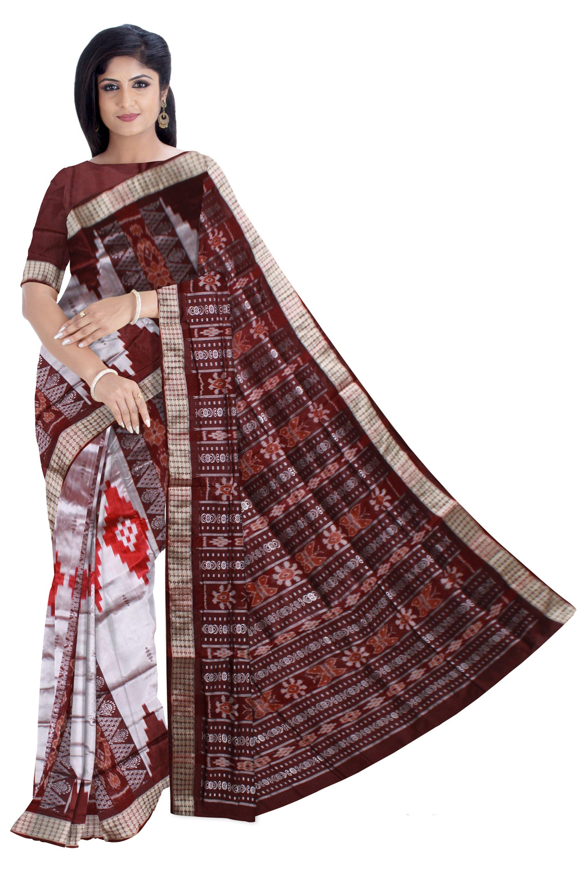 Gray color sapta design pata saree. With blouse piece - Koshali Arts & Crafts Enterprise
