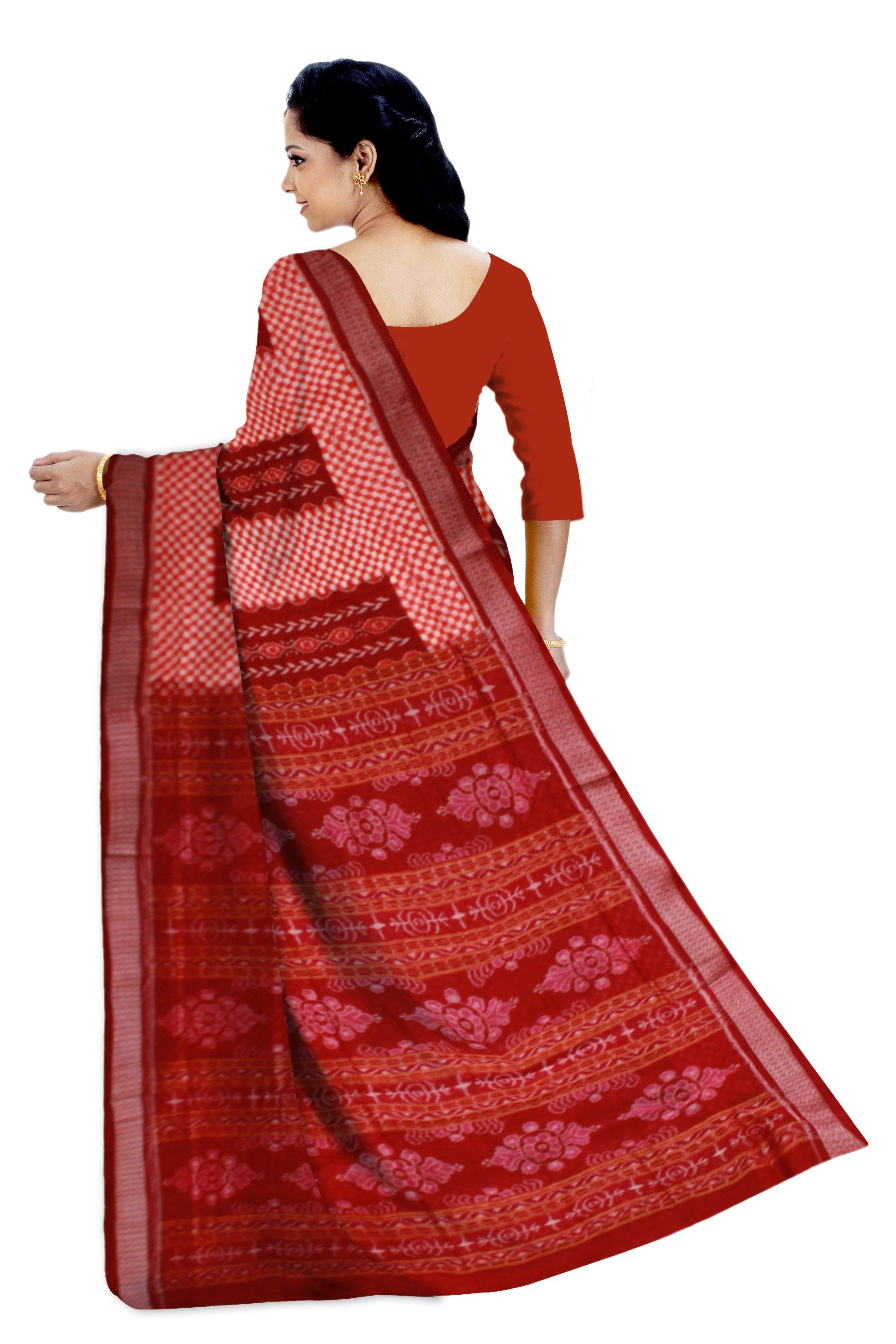 Exclusive Sambalpuri Pasapali saree with Sapta print body in orange and maroon color without blouse piece. - Koshali Arts & Crafts Enterprise