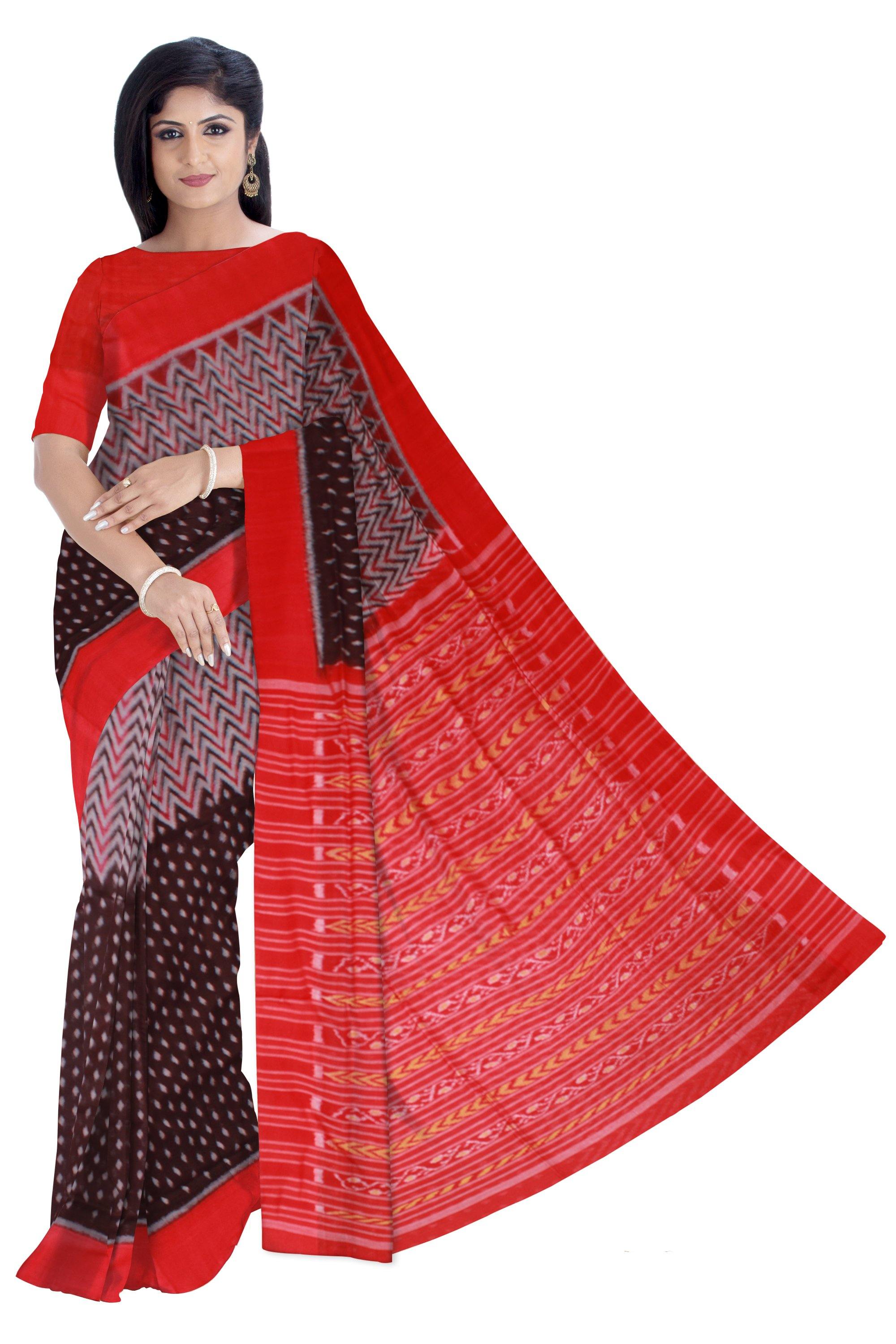 Latest Design Sambalpuri cotton IKAT saree, with Rangoli and Buti design. And plane red border. Available with blouse piece - Koshali Arts & Crafts Enterprise