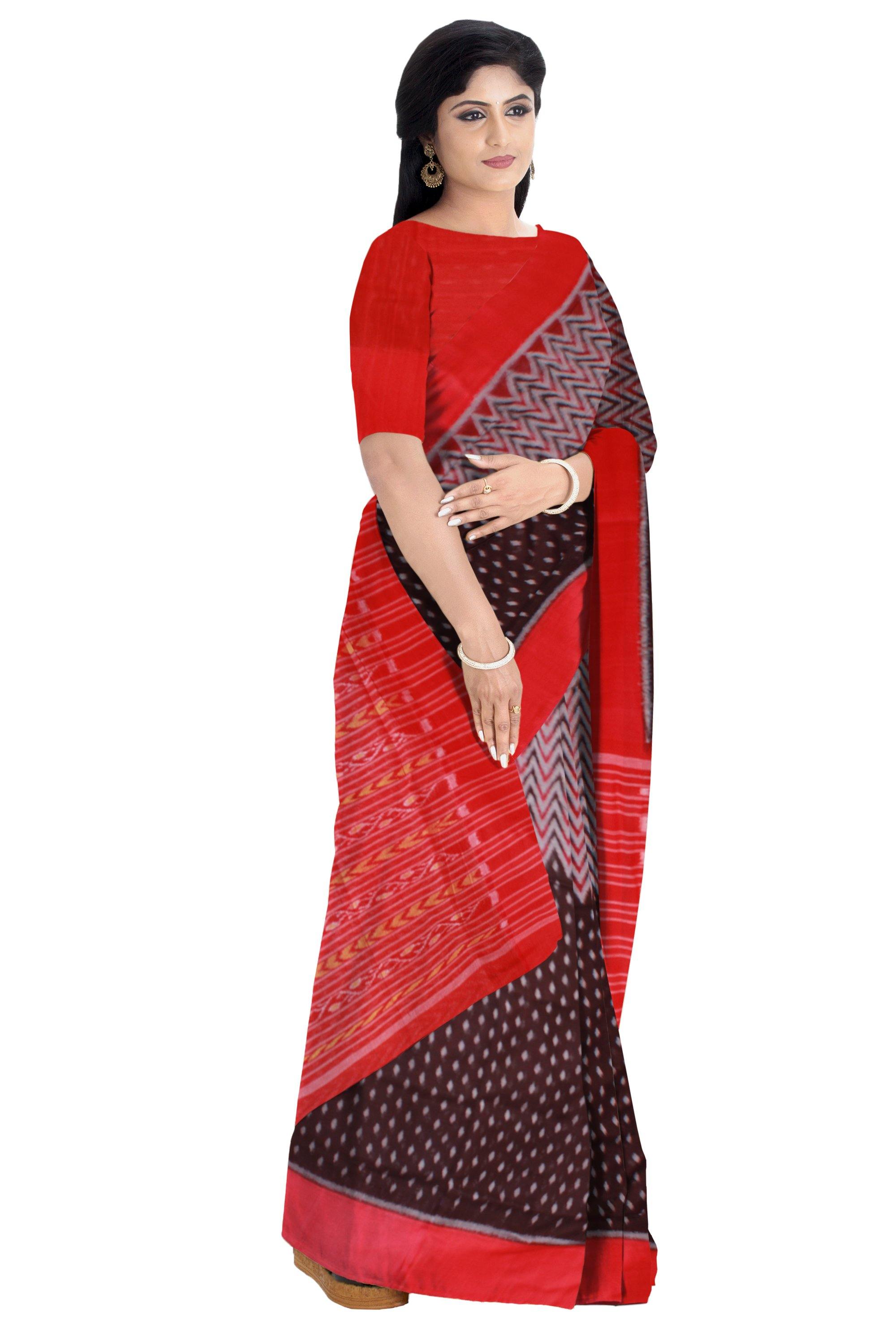 Latest Design Sambalpuri cotton IKAT saree, with Rangoli and Buti design. And plane red border. Available with blouse piece - Koshali Arts & Crafts Enterprise