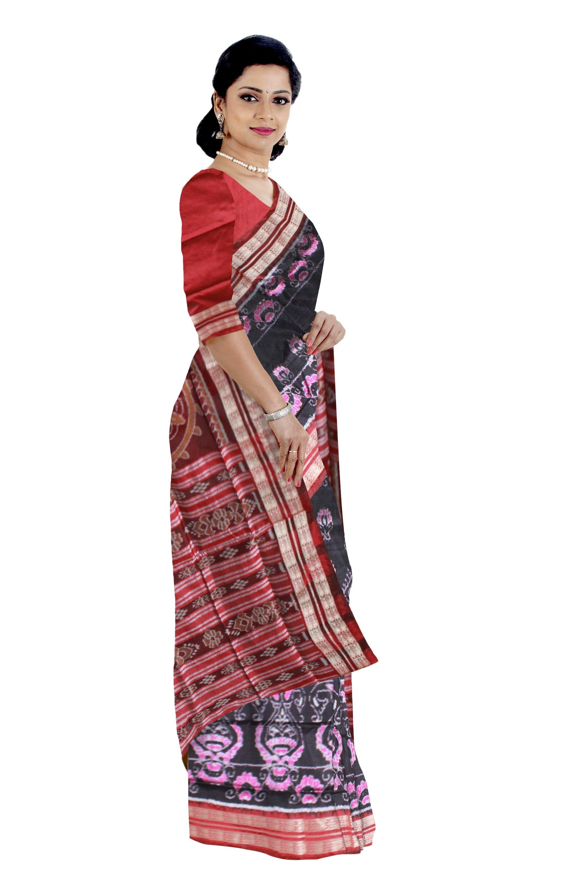 Black color flora design pata saree with blouse piece - Koshali Arts & Crafts Enterprise