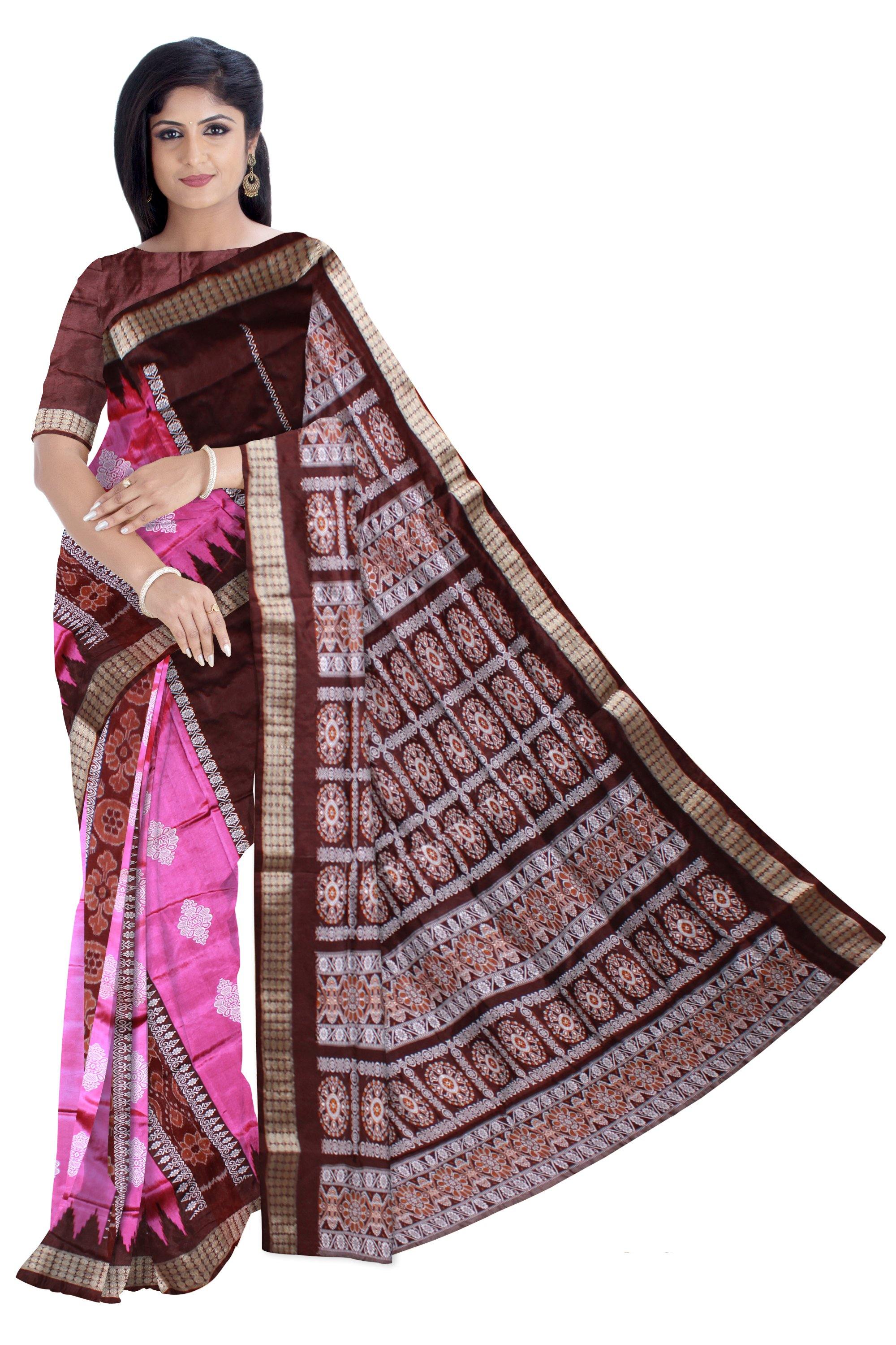 Exclusive sambalpuri Barpali pata Saree in PINK color body in Bomkei Pattern (with Blouse Piece) - Koshali Arts & Crafts Enterprise