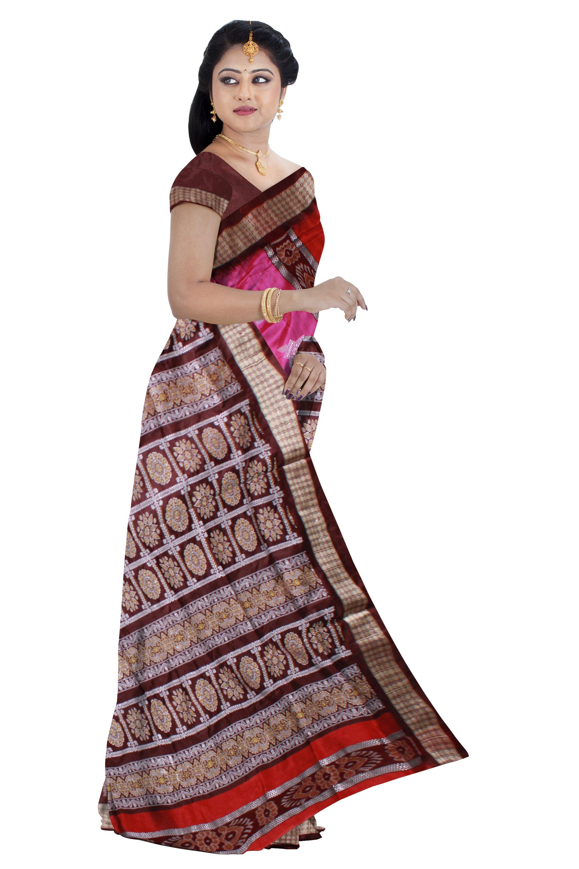 Exclusive sambalpuri Barpali pata Saree in PINK & MAROON color body in Bomkei Pattern (with Blouse Piece) - Koshali Arts & Crafts Enterprise