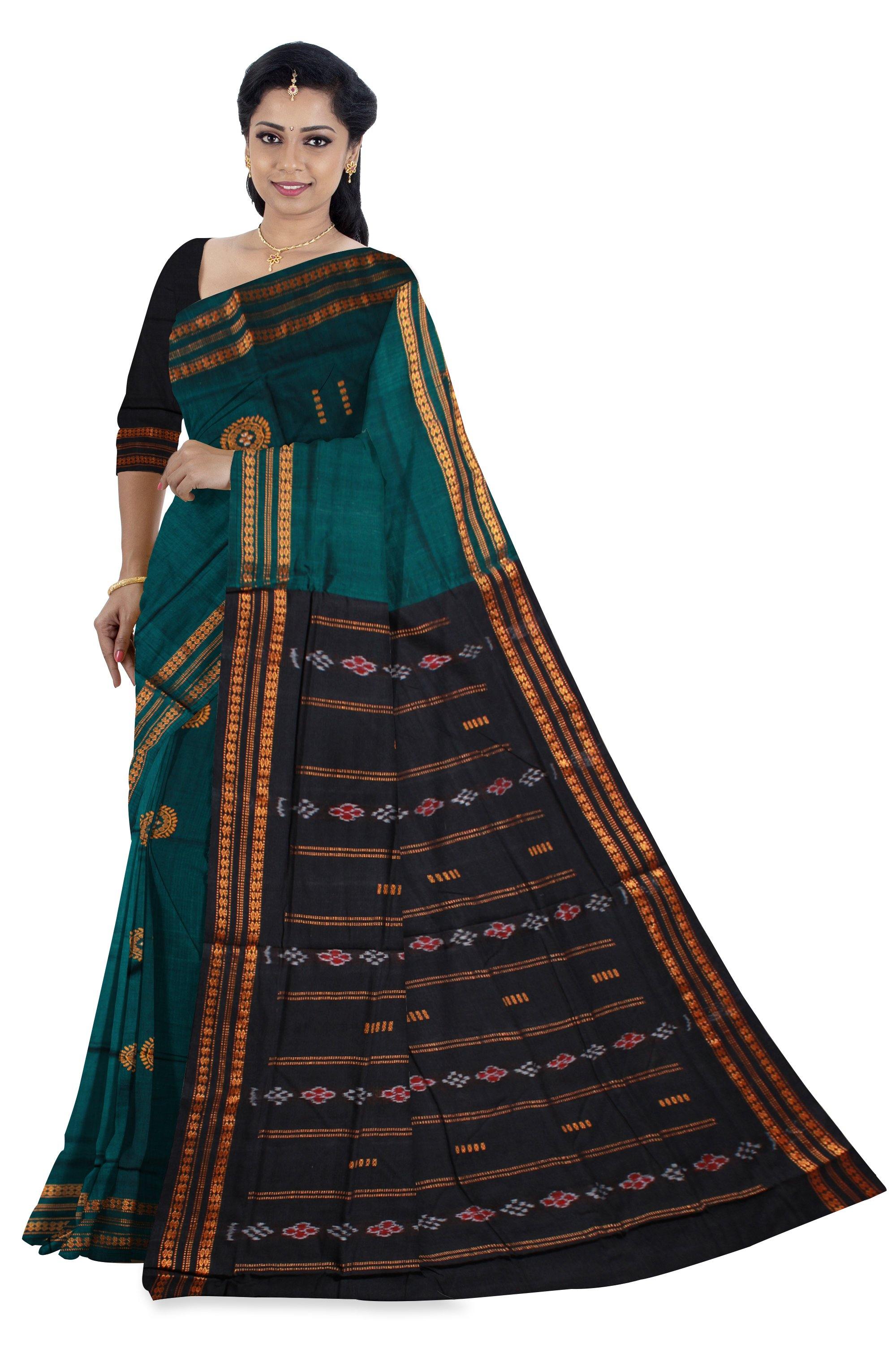 Sambalpuri Bomkei pattern flower print saree in Dark GREEN color without blouse piece - Koshali Arts & Crafts Enterprise