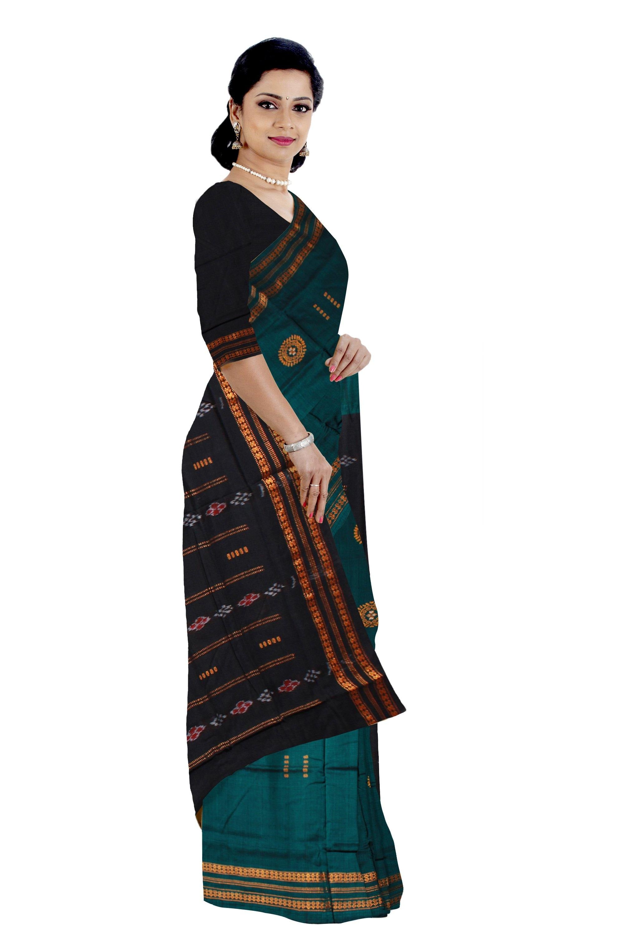 Sambalpuri Bomkei pattern flower print saree in Dark GREEN color without blouse piece - Koshali Arts & Crafts Enterprise