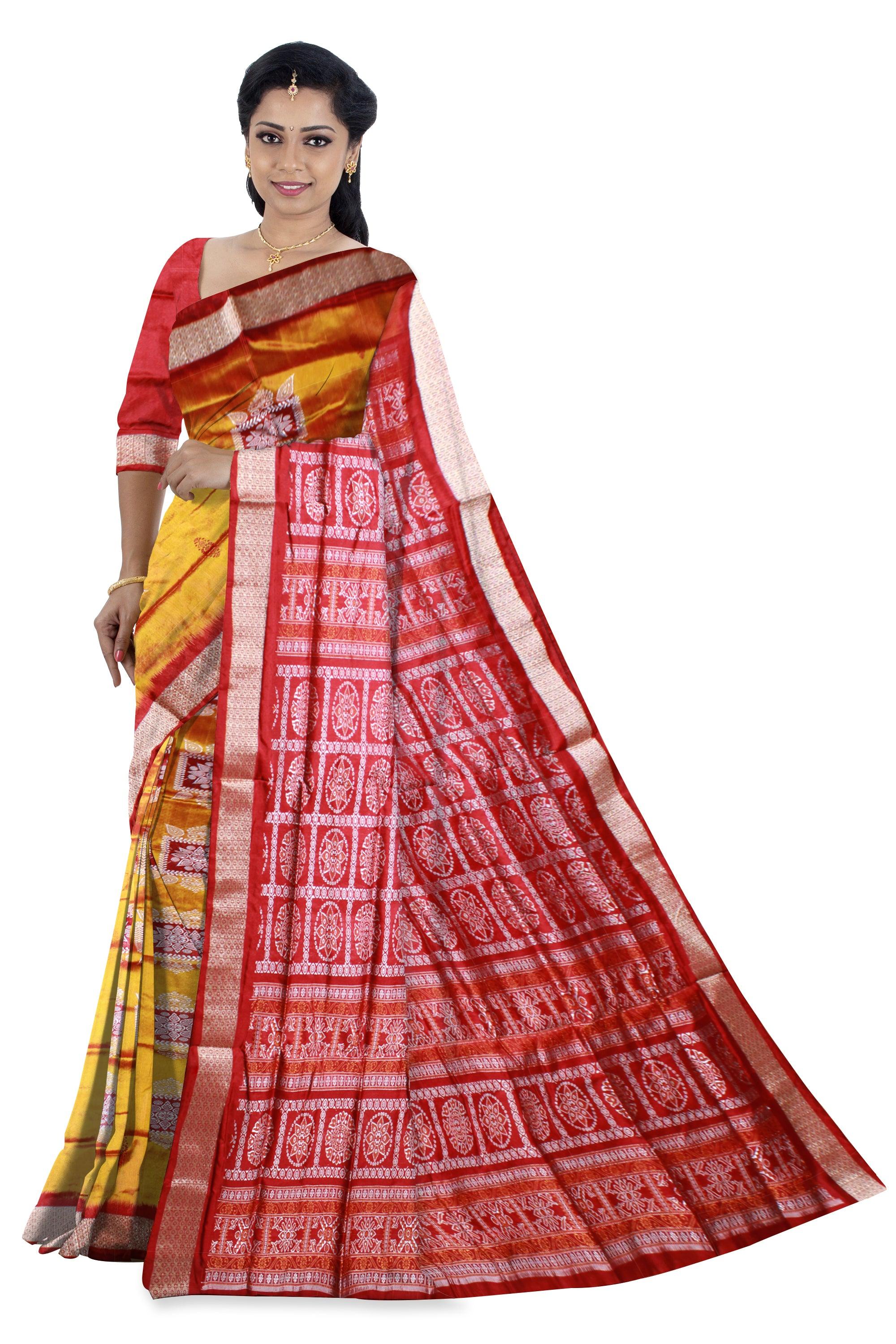 Yellow and Red mix Sambalpuri Pata saree with pasapali, and bomkei Pattern in body - Koshali Arts & Crafts Enterprise
