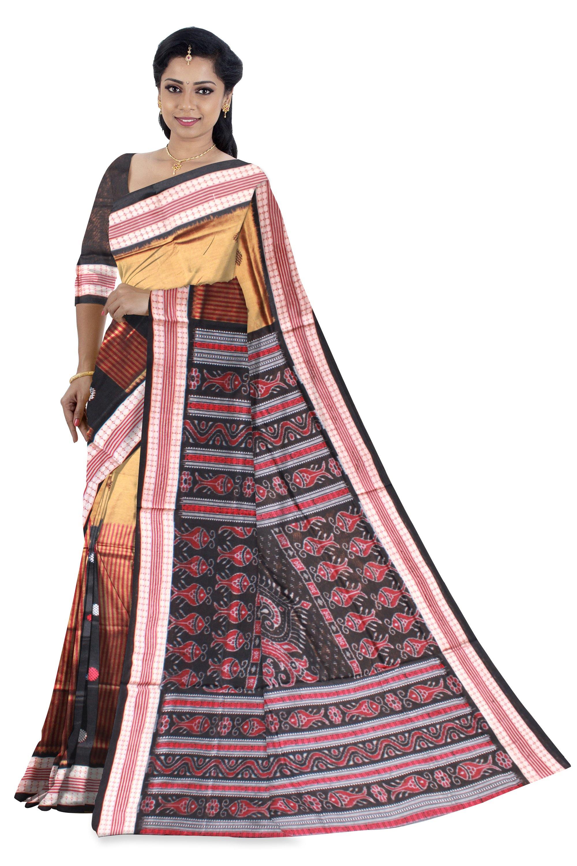 Pata Bapta Saree.Exclusive Handwoven Bomkai Patten Golden and Black Color Saree With Blouse Piece . - Koshali Arts & Crafts Enterprise