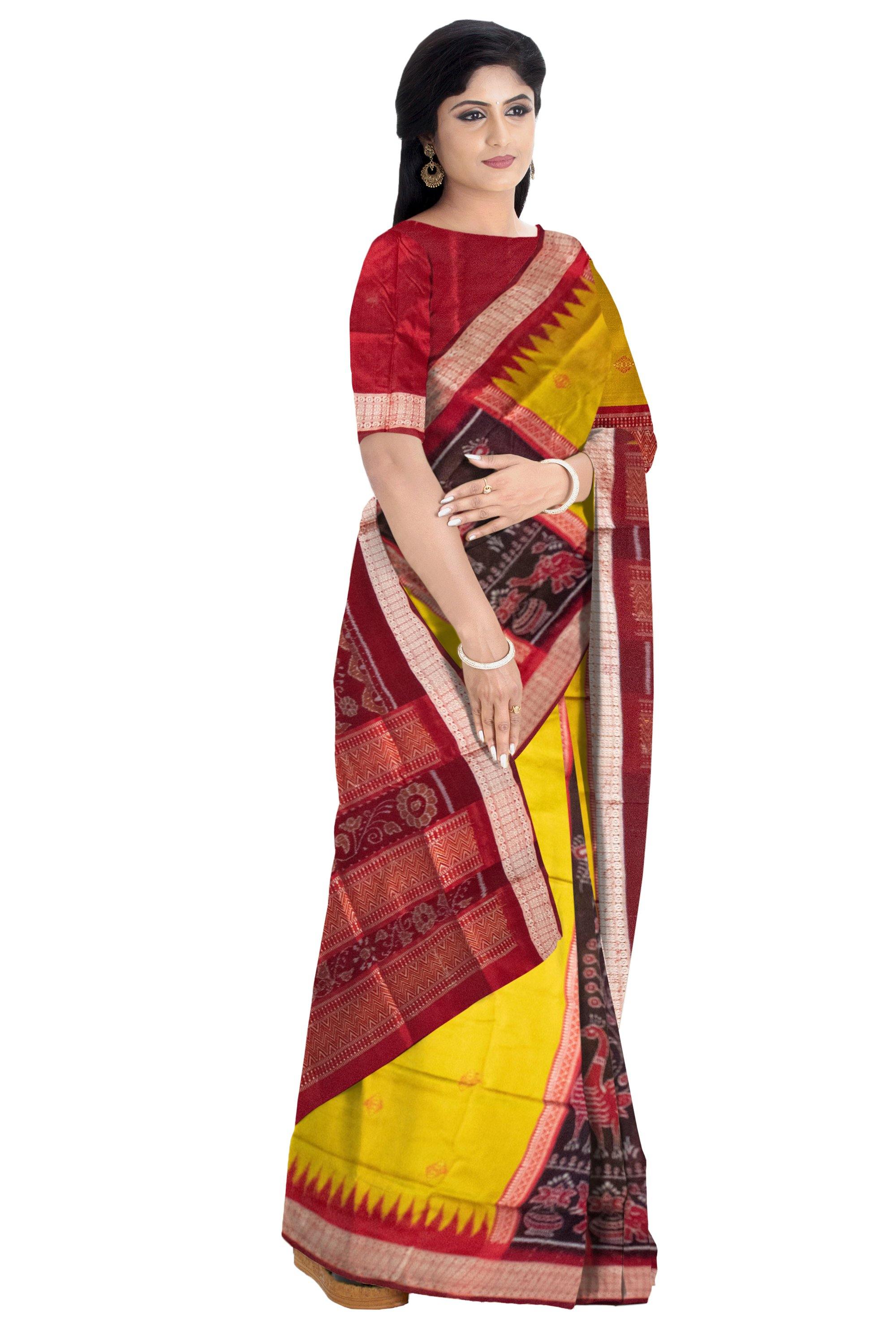 Latest design Pata saree in Yellow and brown and flora print with blouse Piece - Koshali Arts & Crafts Enterprise