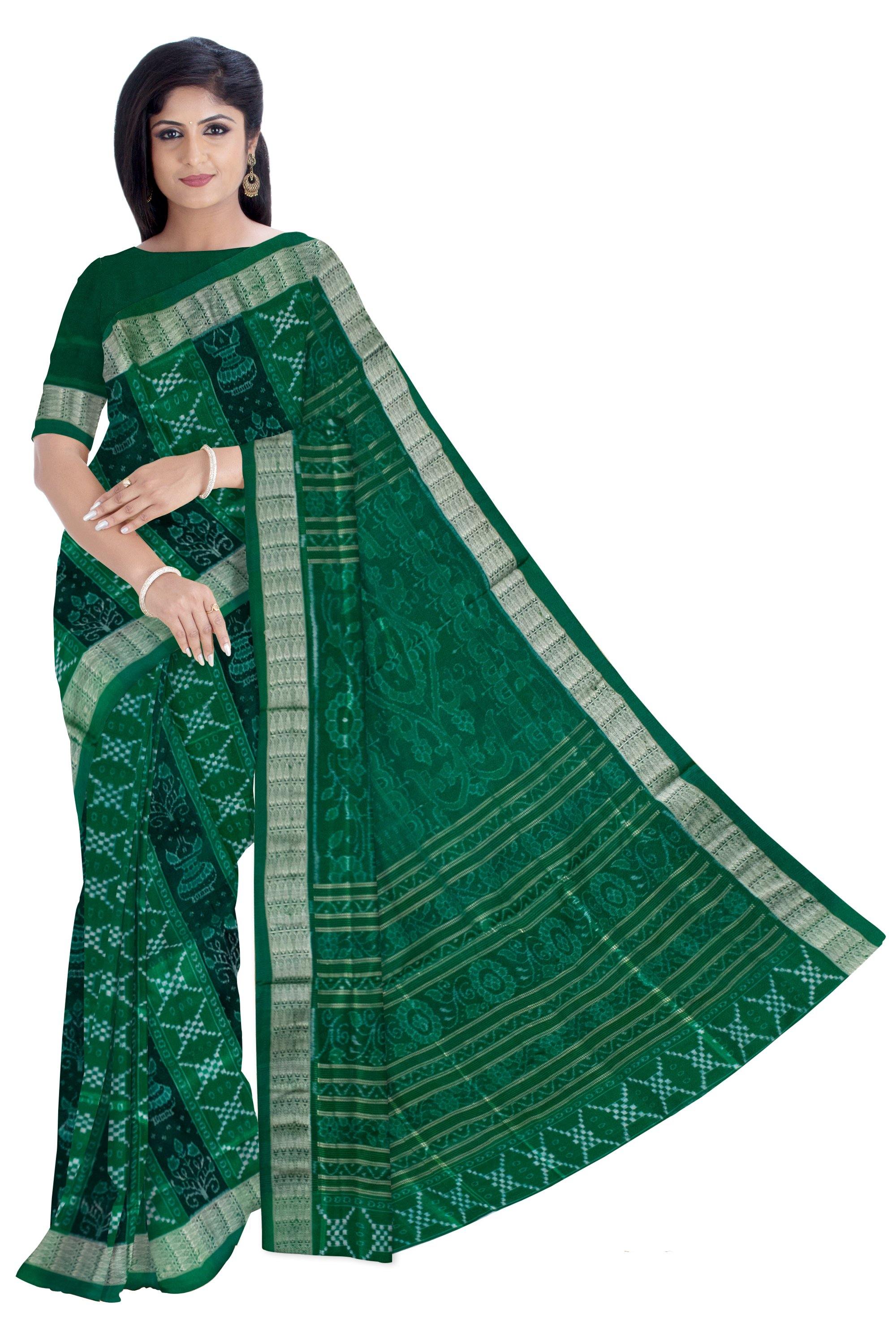 Authentic Pata saree in Green color and Sapta print. With blouse piece - Koshali Arts & Crafts Enterprise