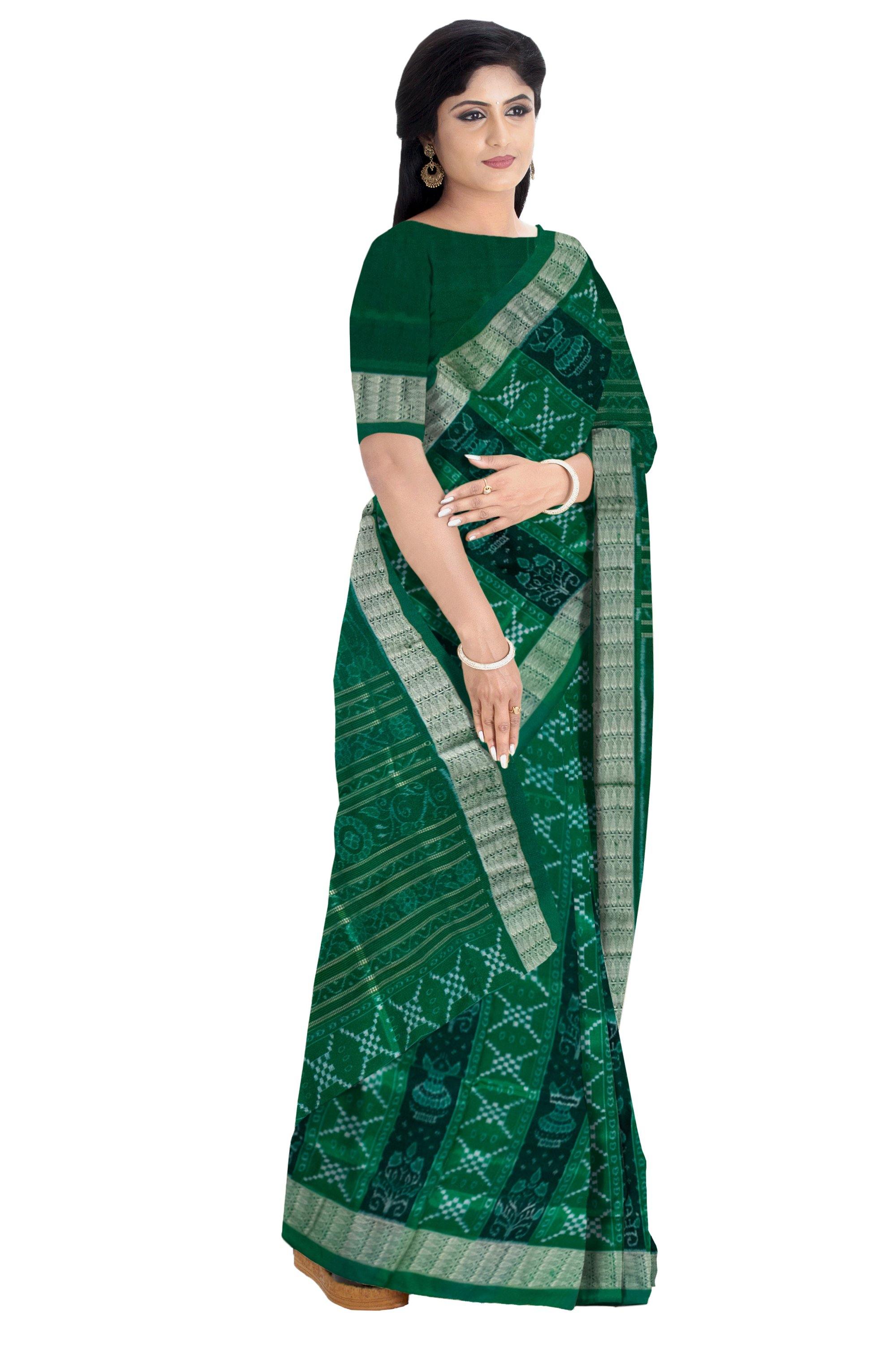 Authentic Pata saree in Green color and Sapta print. With blouse piece - Koshali Arts & Crafts Enterprise