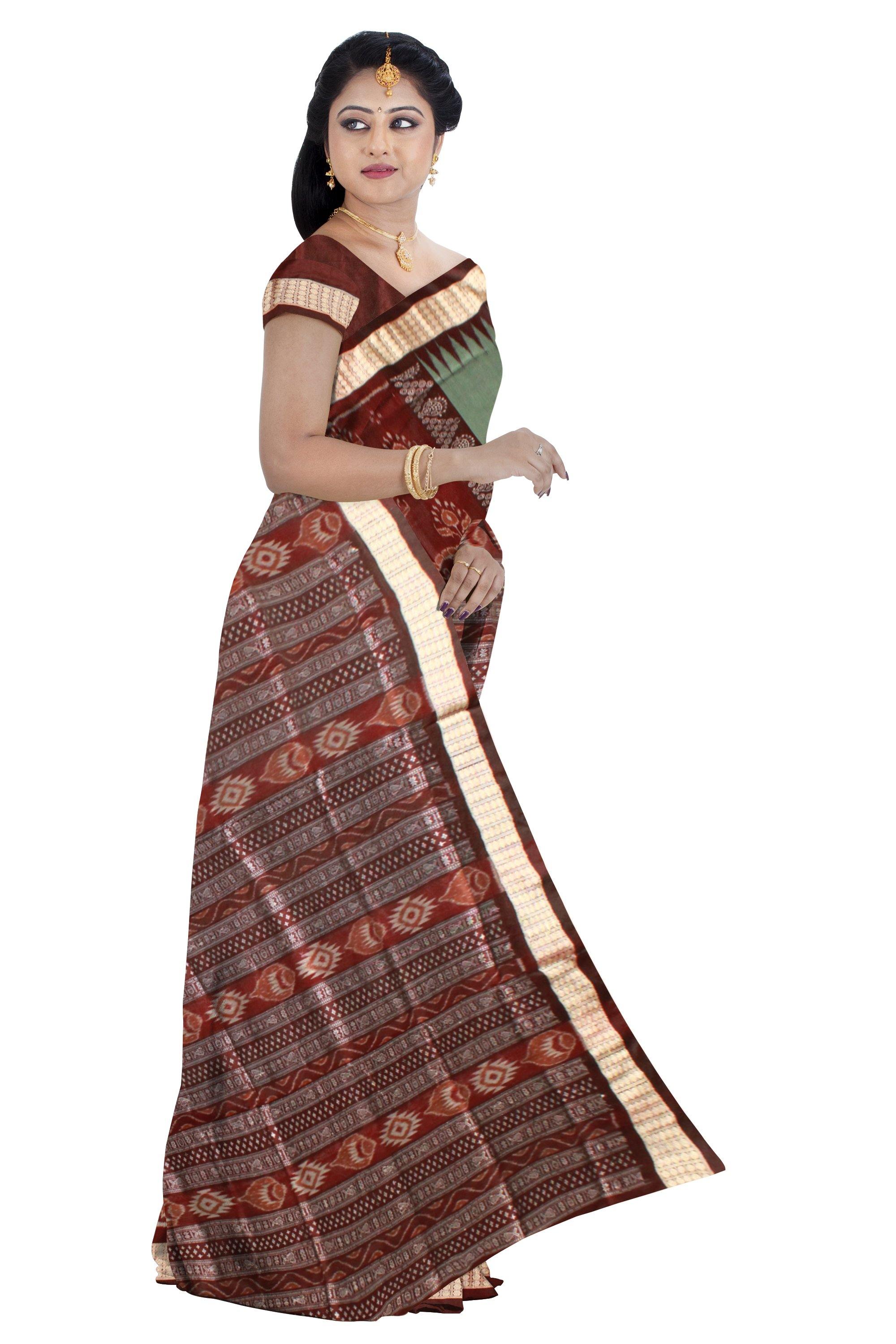 Light Green Pata saree with Brown mix, With blouse piece. - Koshali Arts & Crafts Enterprise