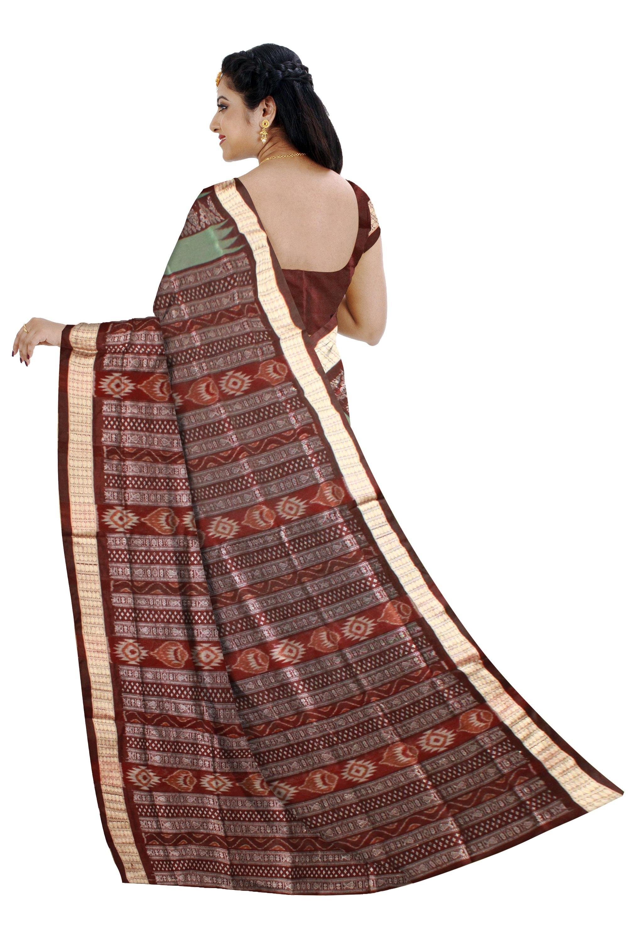 Light Green Pata saree with Brown mix, With blouse piece. - Koshali Arts & Crafts Enterprise