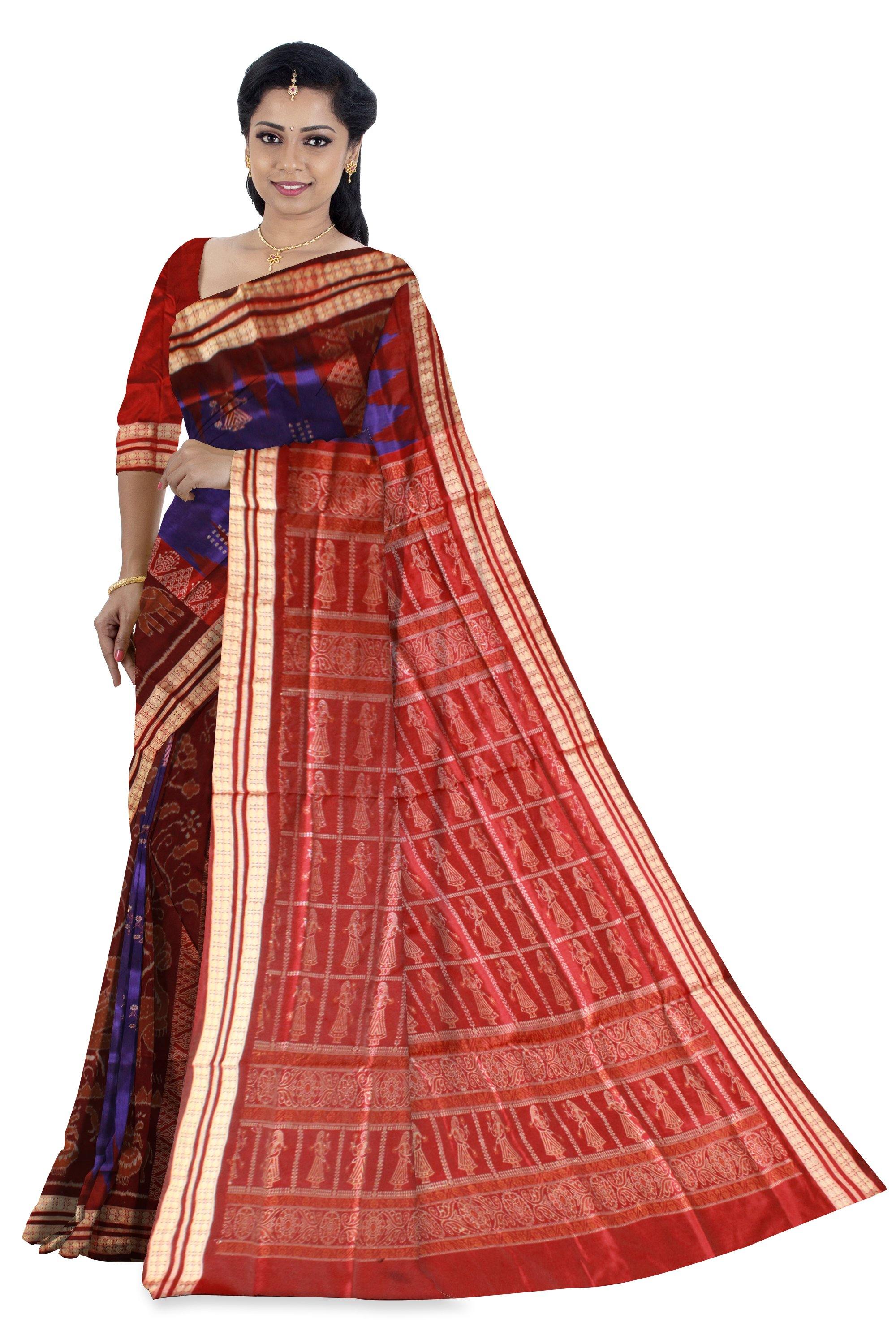 Blue and Maroon mix Doll Print Pata saree with blouse piece. - Koshali Arts & Crafts Enterprise