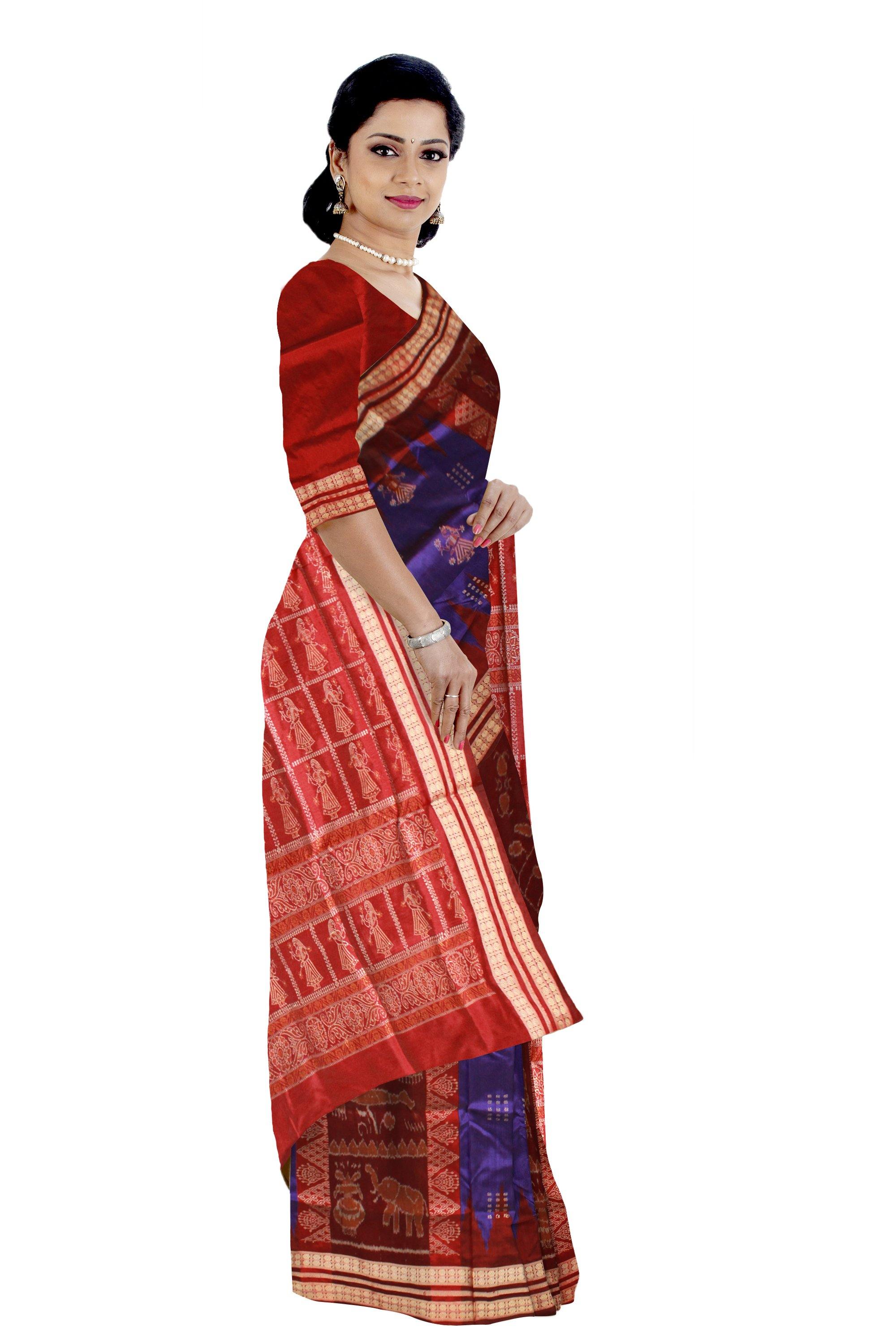 Blue and Maroon mix Doll Print Pata saree with blouse piece. - Koshali Arts & Crafts Enterprise