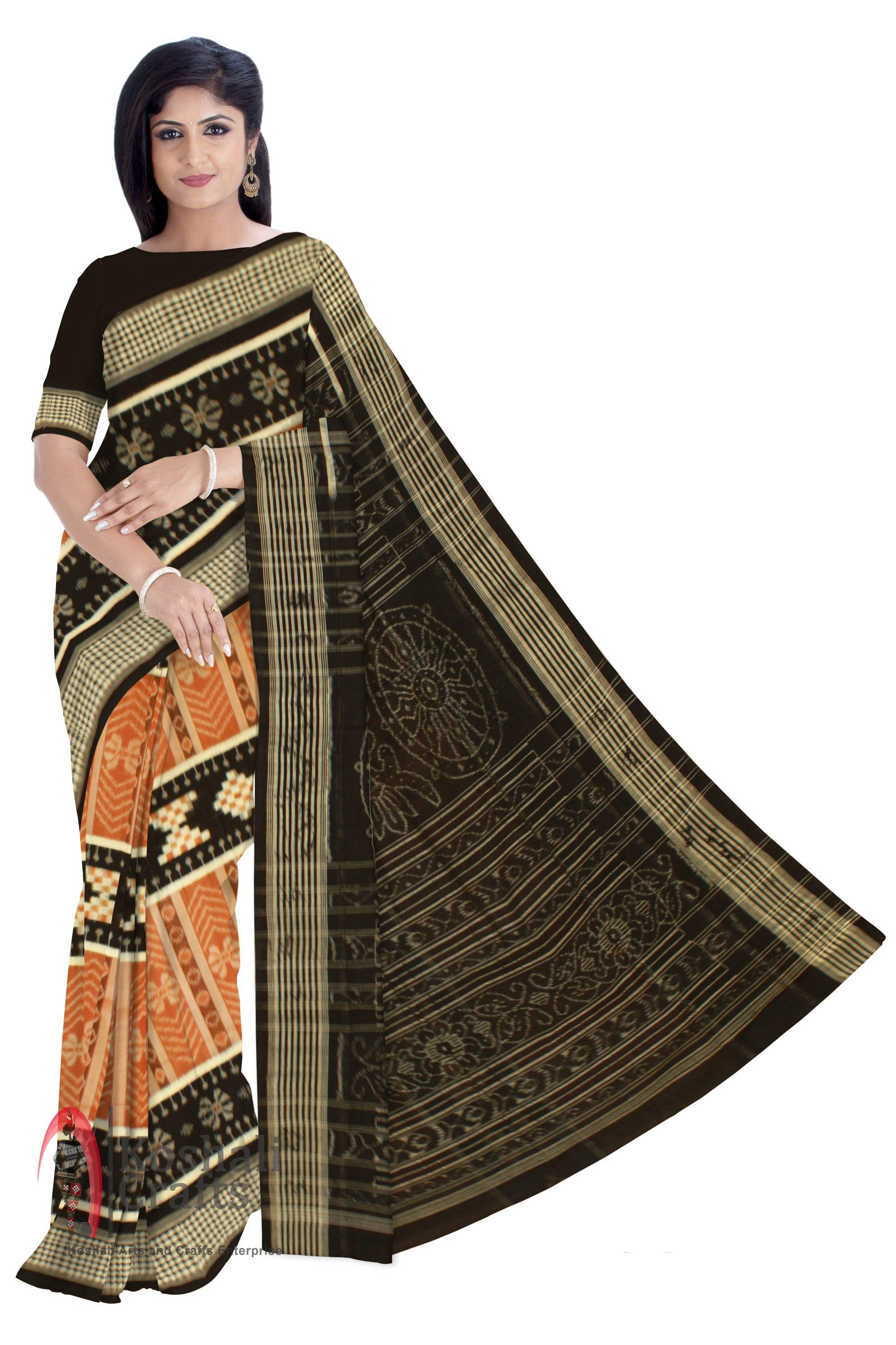 Sambalpuri Dark Orange Cotton Saree - Koshali Arts & Crafts Enterprise