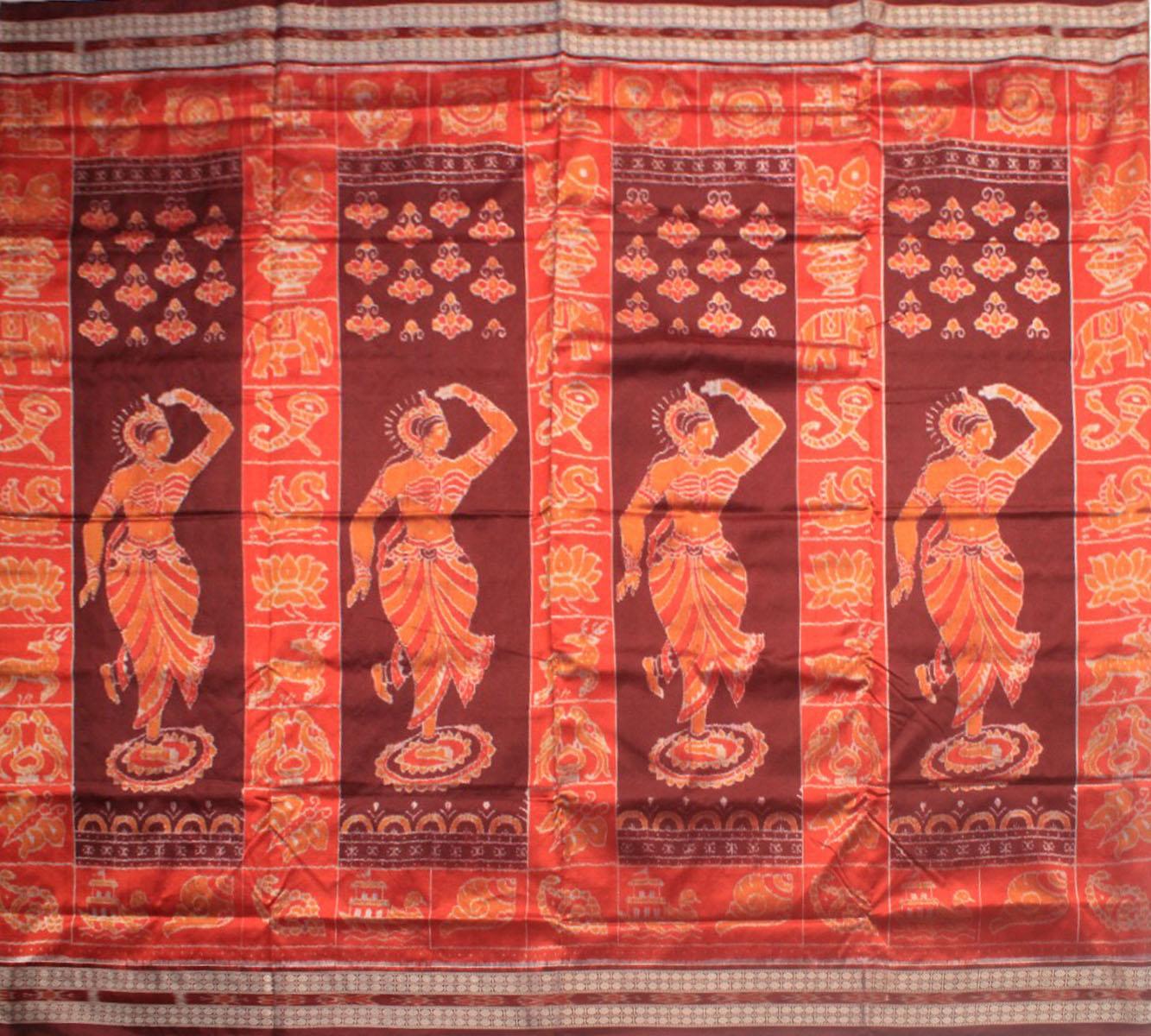 SONEPUR HANDLOOM NABAKOTHI DESIGN PURE SILK SAREE IN VERMILLION AND COFFEE COLOR. ATTACHED BLOUSE PIECE. - Koshali Arts & Crafts Enterprise