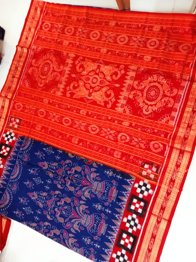 Pasapali with Kalash pattern blue and red color pure cotton saree. - Koshali Arts & Crafts Enterprise
