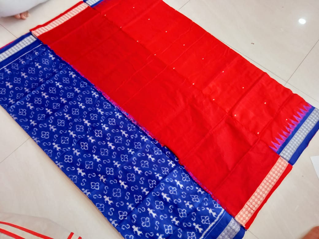 Full body Pasapalli pattern in red , blue and white colour with dupatta. Unstitched Sambalpuri silk dress set. - Koshali Arts & Crafts Enterprise