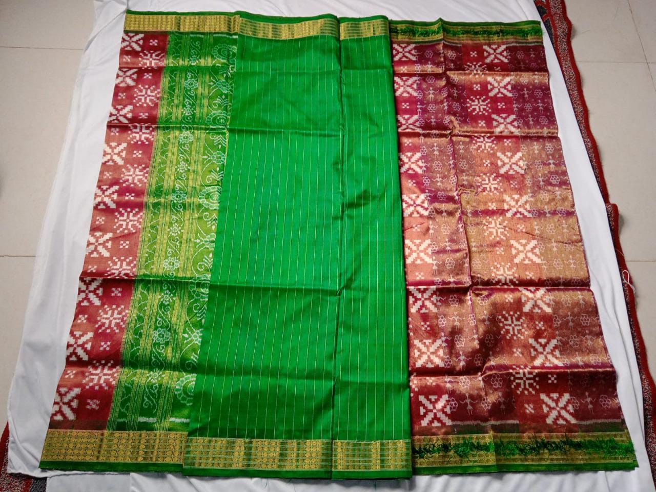 Latest collection cross and small terracotta pattern pure tissue silk saree is maroon with green color. - Koshali Arts & Crafts Enterprise