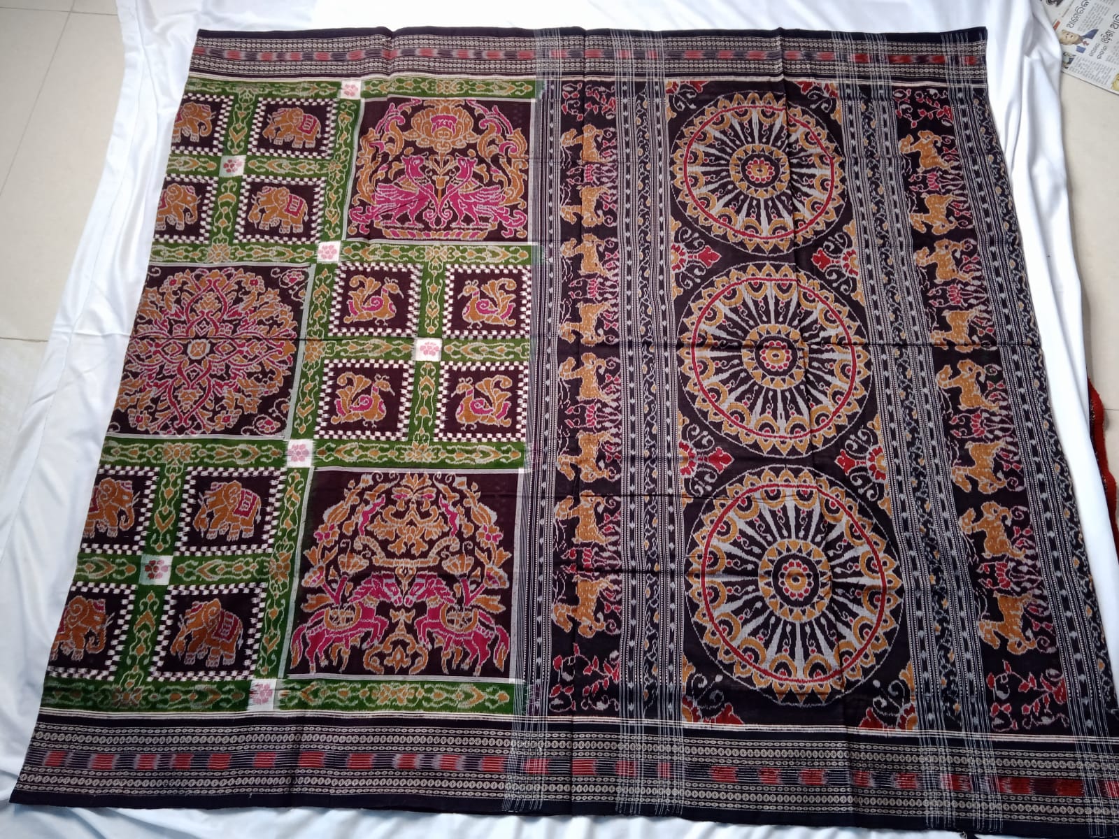Latest Sambalpuri bandha design cotton saree is green and coffee color. - Koshali Arts & Crafts Enterprise