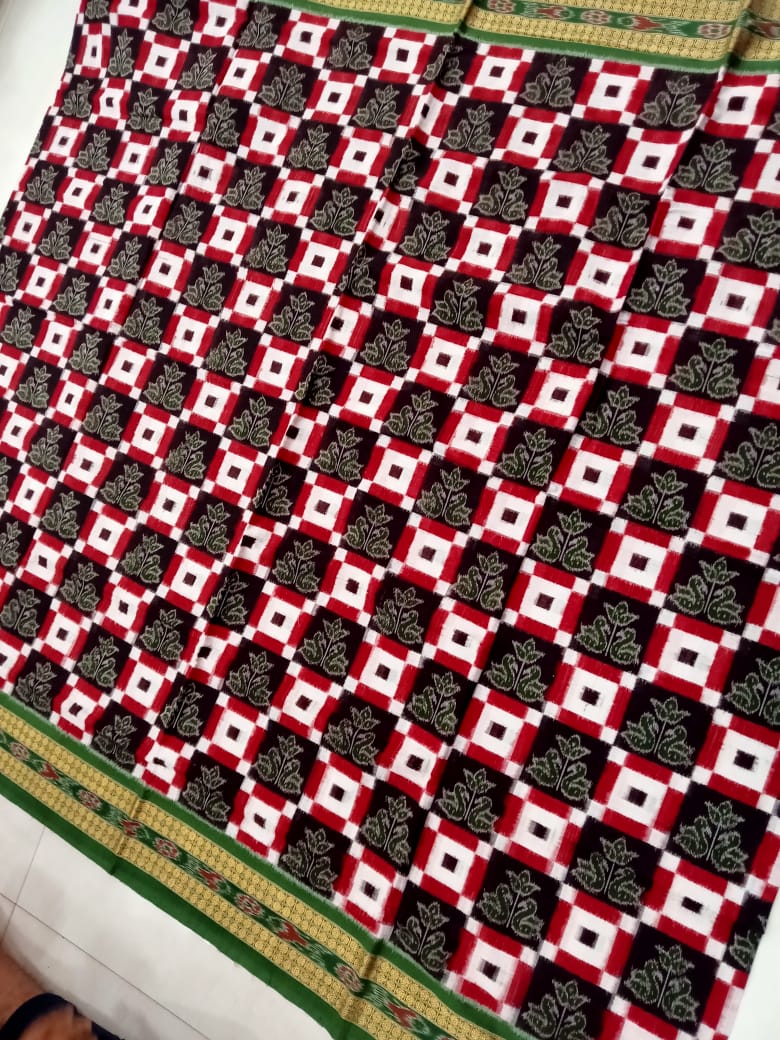 Latest box pattern Sambalpuri cotton saree is Coffee, white & Green color base. - Koshali Arts & Crafts Enterprise