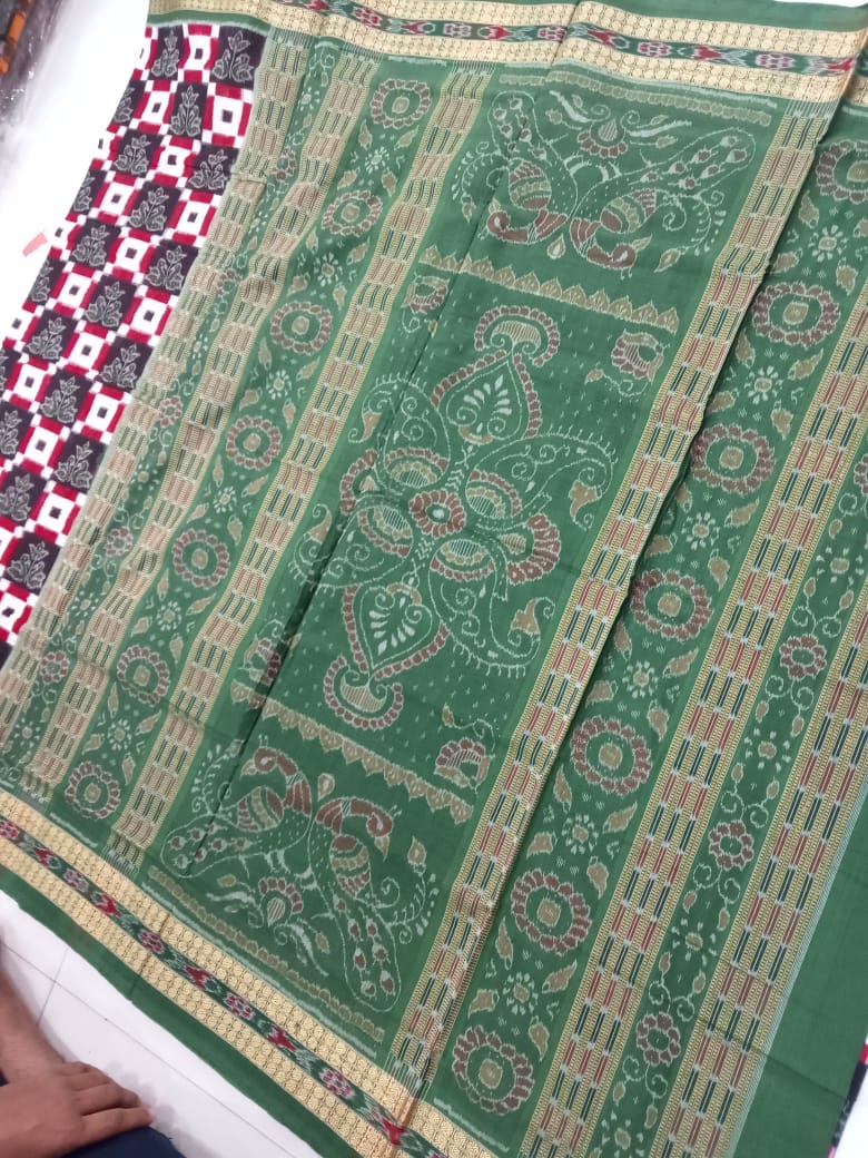 Latest box pattern Sambalpuri cotton saree is Coffee, white & Green color base. - Koshali Arts & Crafts Enterprise