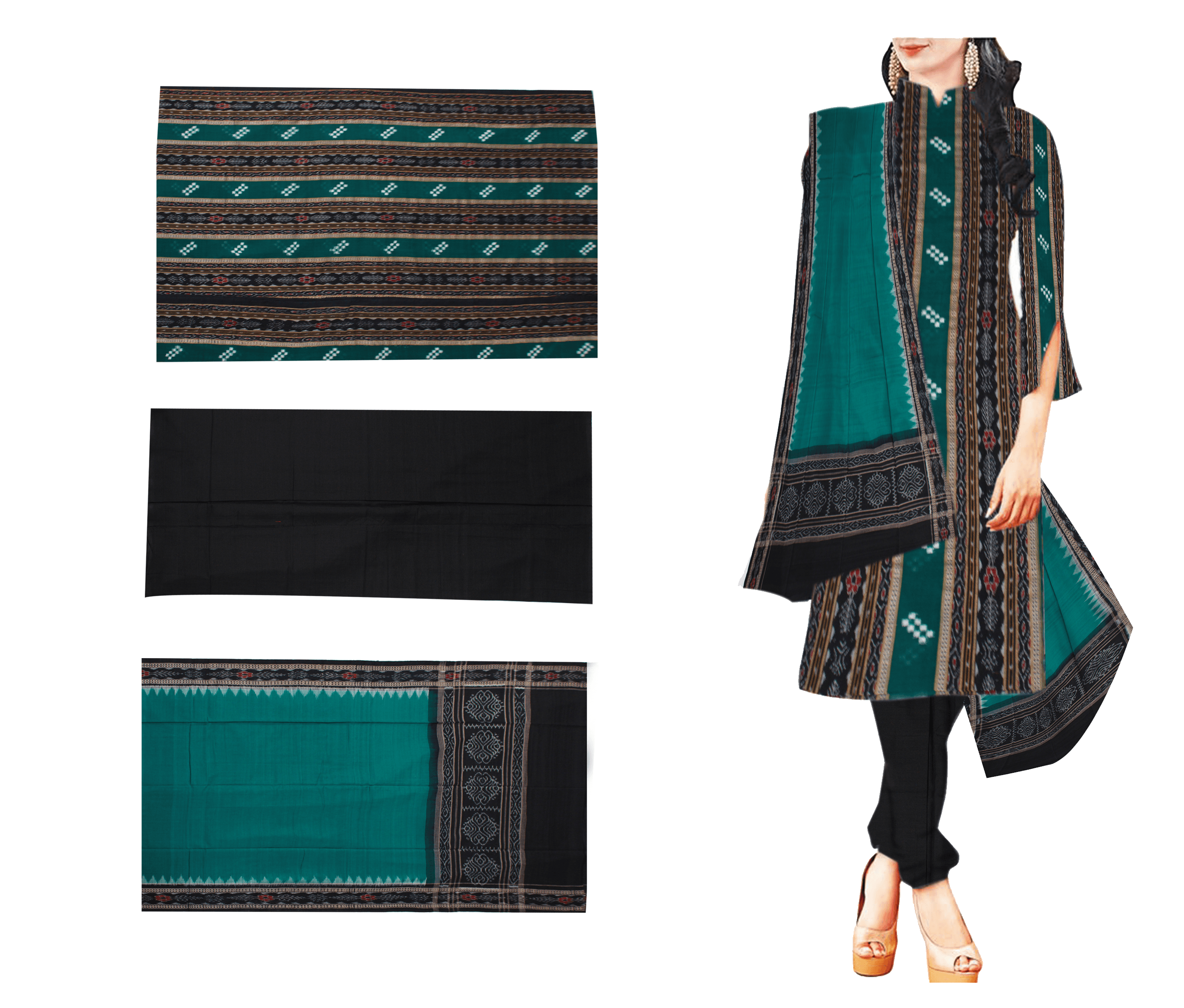 Women's Odisha Handloom Sambalpuri ikat Unstitched Dress set (Green , Free Size ) - Koshali Arts & Crafts Enterprise