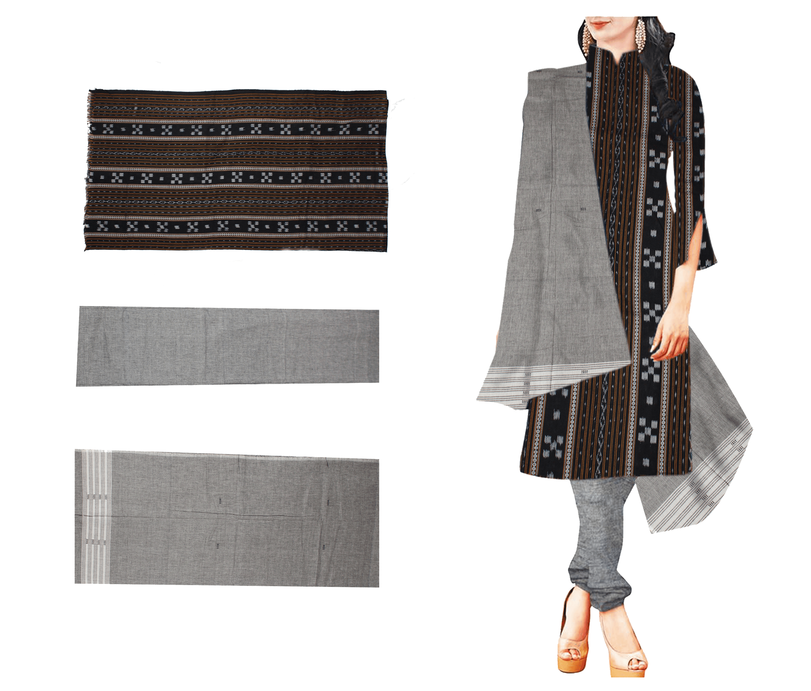 Women's Odisha Handloom Sambalpuri ikat Unstitched Dress set With Sapta Print In Black & Brown  Color (Free Size) - Koshali Arts & Crafts Enterprise