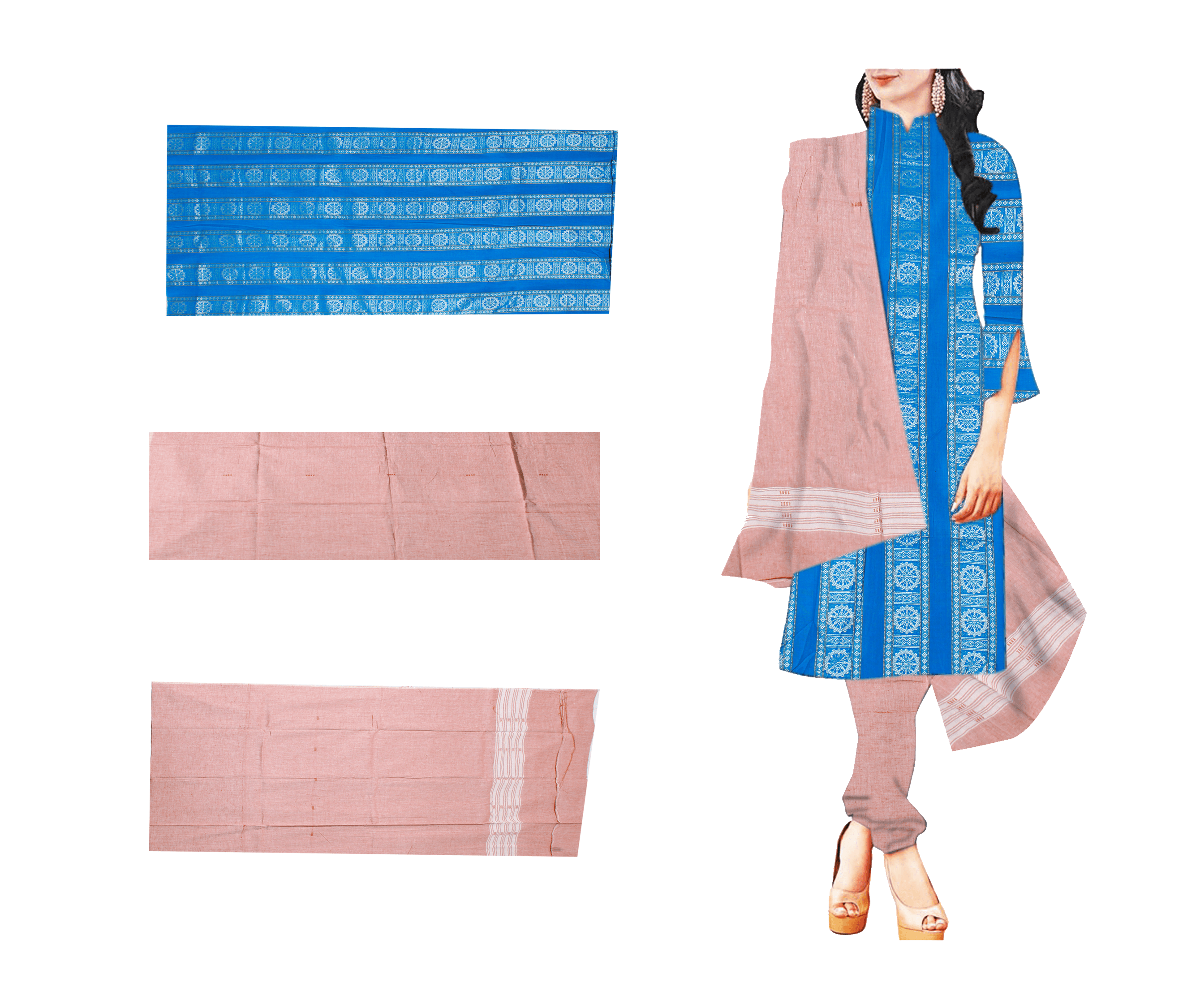 Women's Odisha Handloom Sambalpuri Chakra Print sky Blue Cotton Salwar Kameez Dress Set with peach Dupatta and Bottom (Free Size) - Koshali Arts & Crafts Enterprise