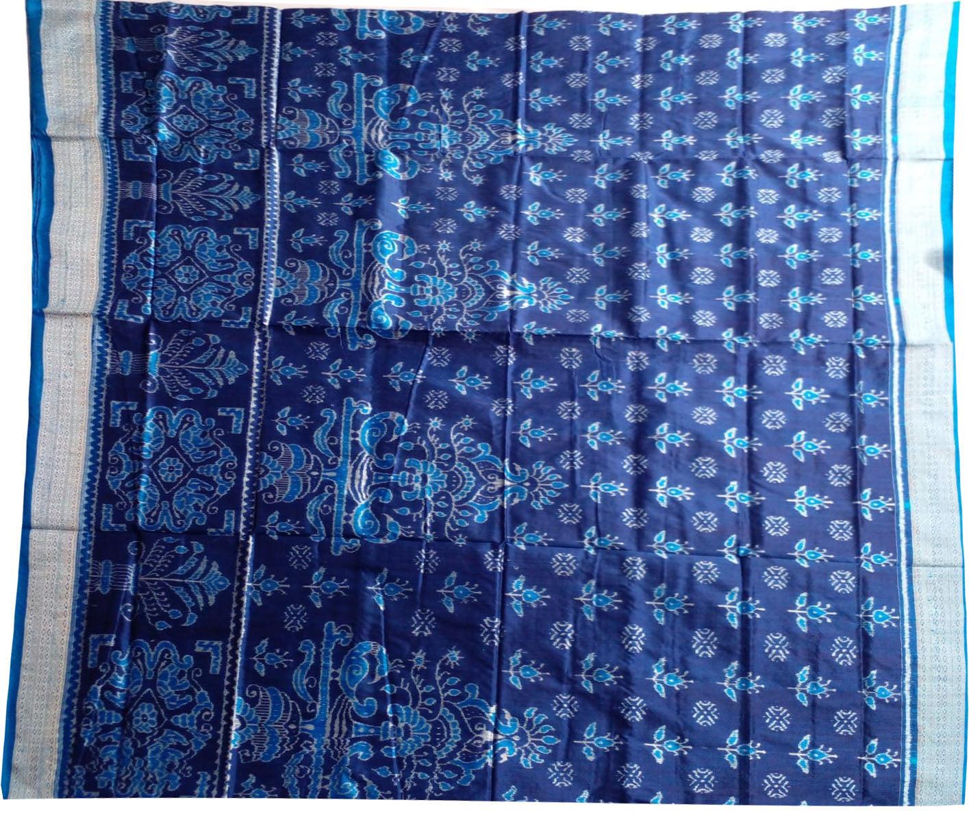 Mayuri print sambalpuri pata saree in blue and sky color with blouse piece. - Koshali Arts & Crafts Enterprise