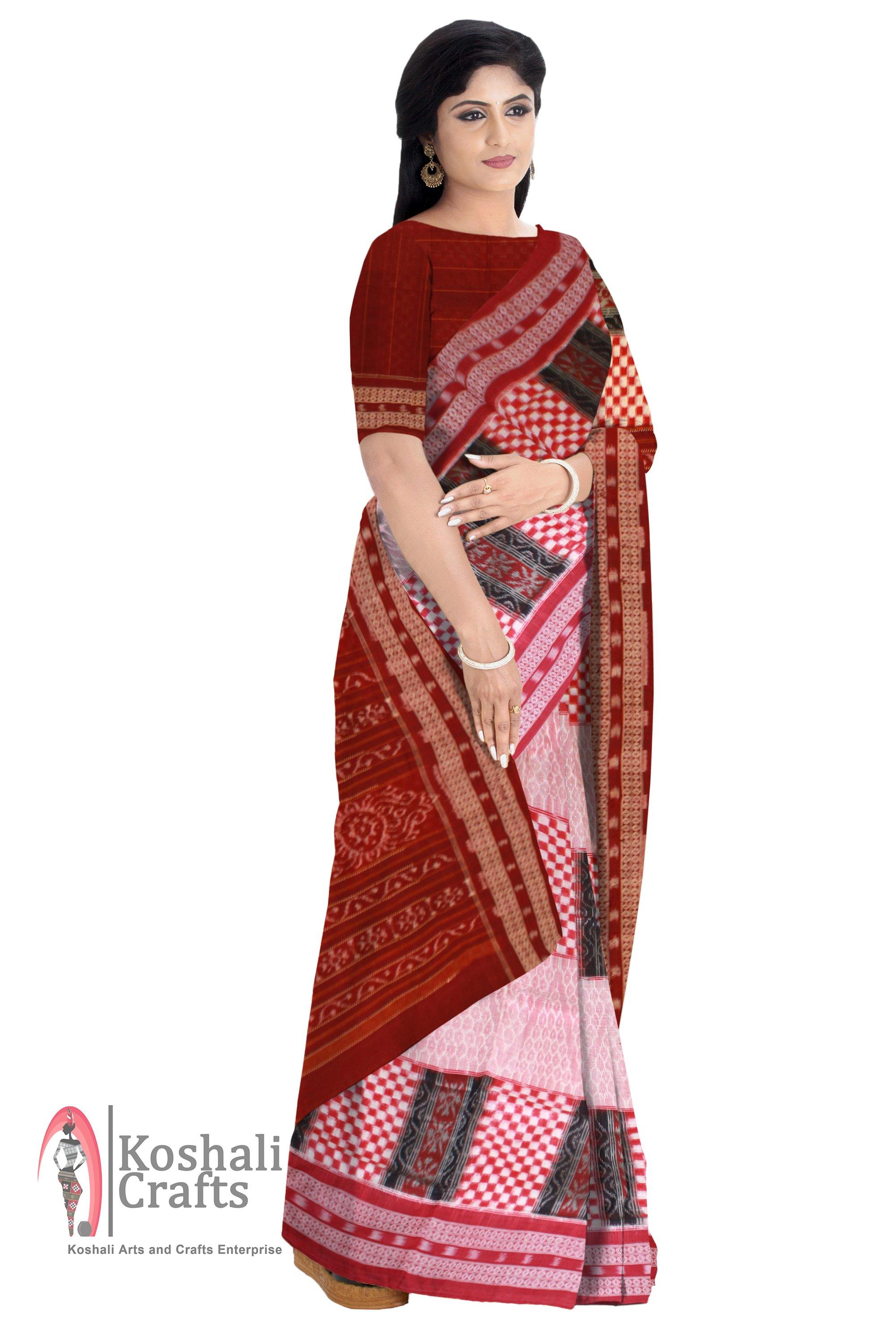Red & baby pink Cotton Saree - Koshali Arts & Crafts Enterprise