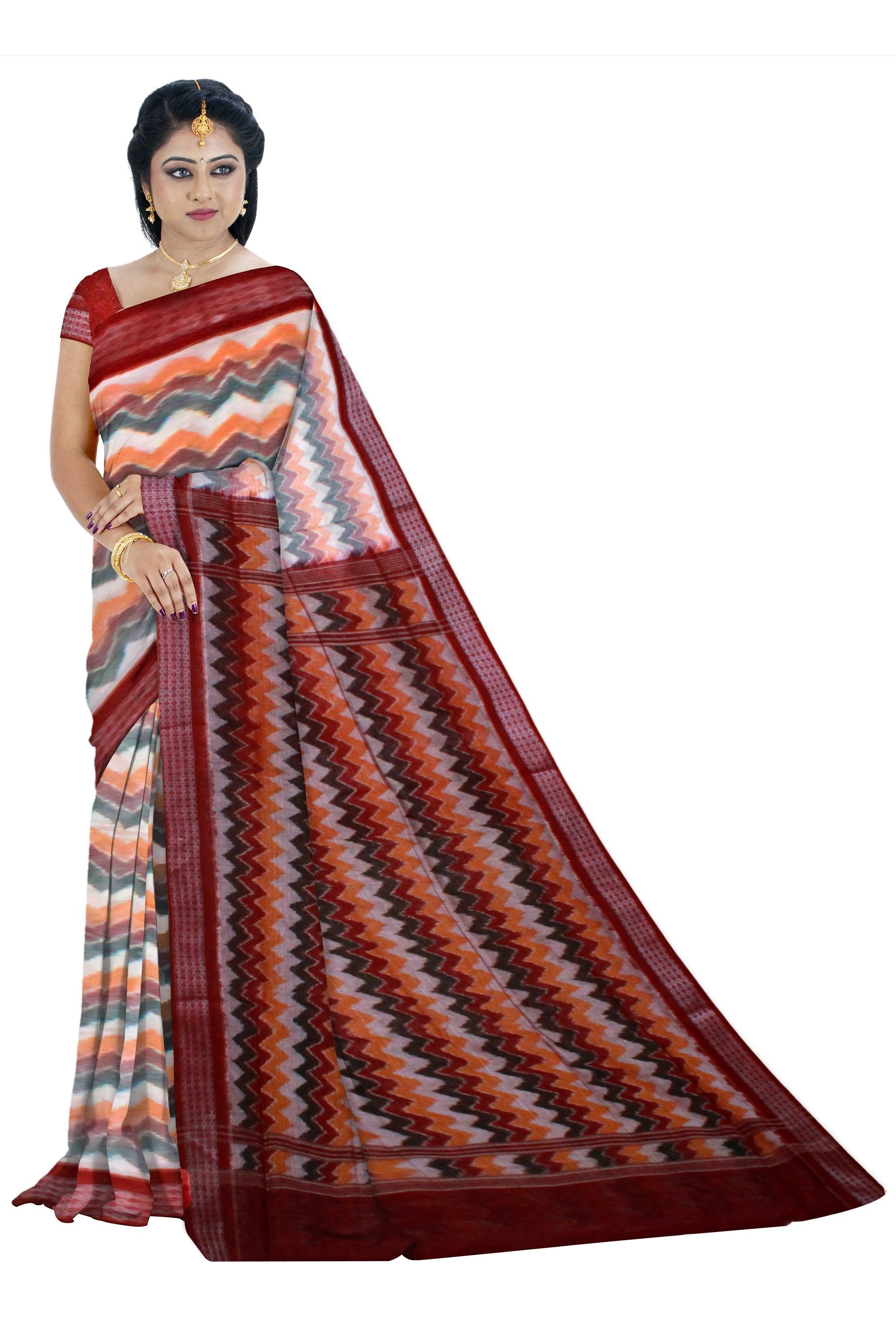 White & Orange (Multi Color) IKAT cotton saree - Koshali Arts & Crafts Enterprise