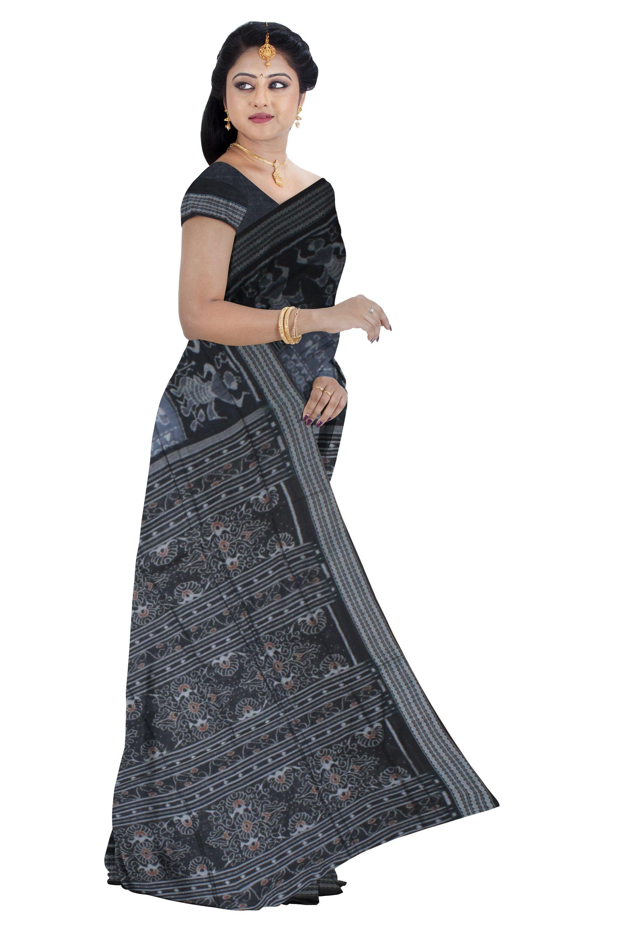 Tribal IKAT pattern Bluish Grey Sambalpuri cotton saree - Koshali Arts & Crafts Enterprise
