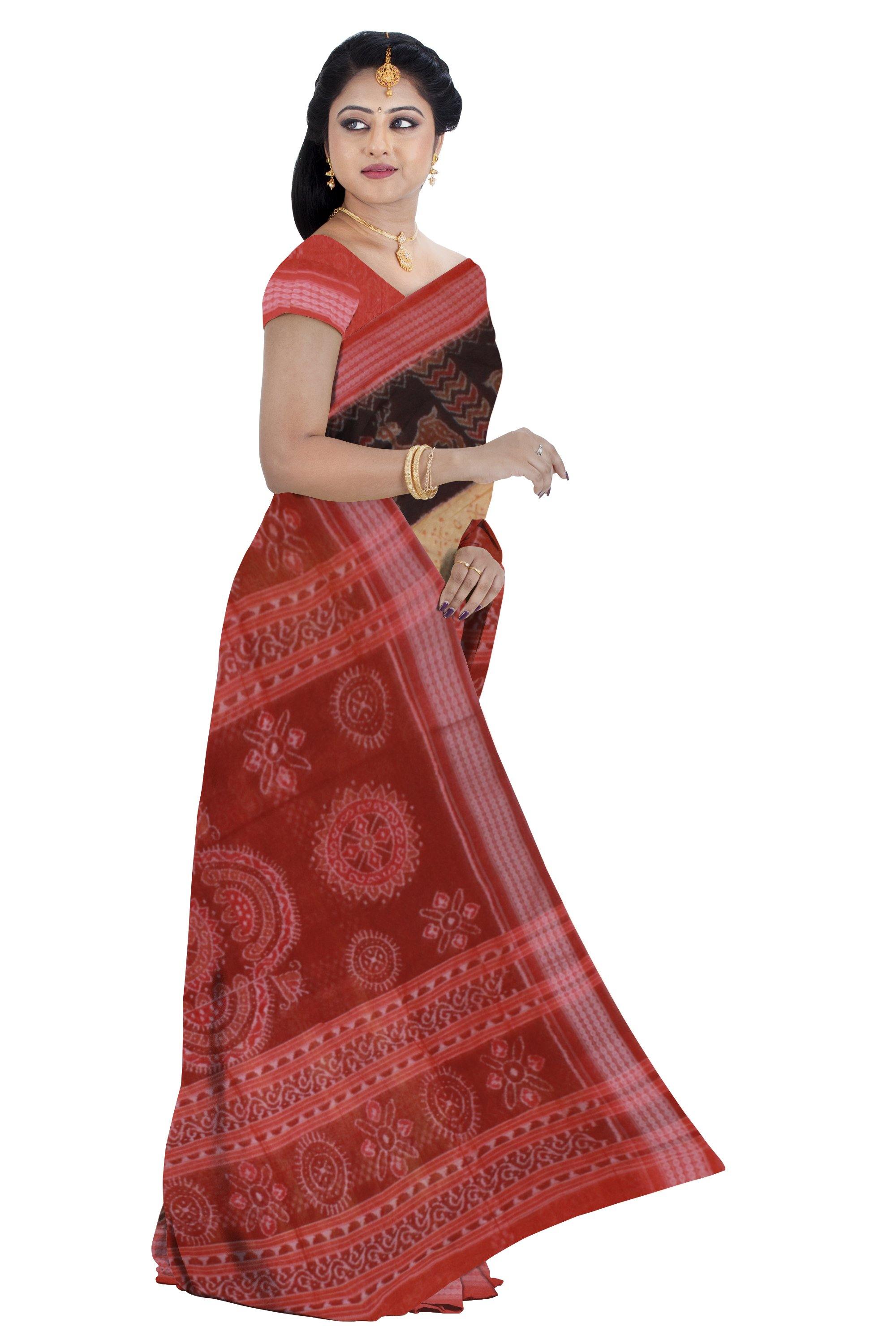 Kalash pattern  Cotton Saree in Black & light Orange Colour - Koshali Arts & Crafts Enterprise