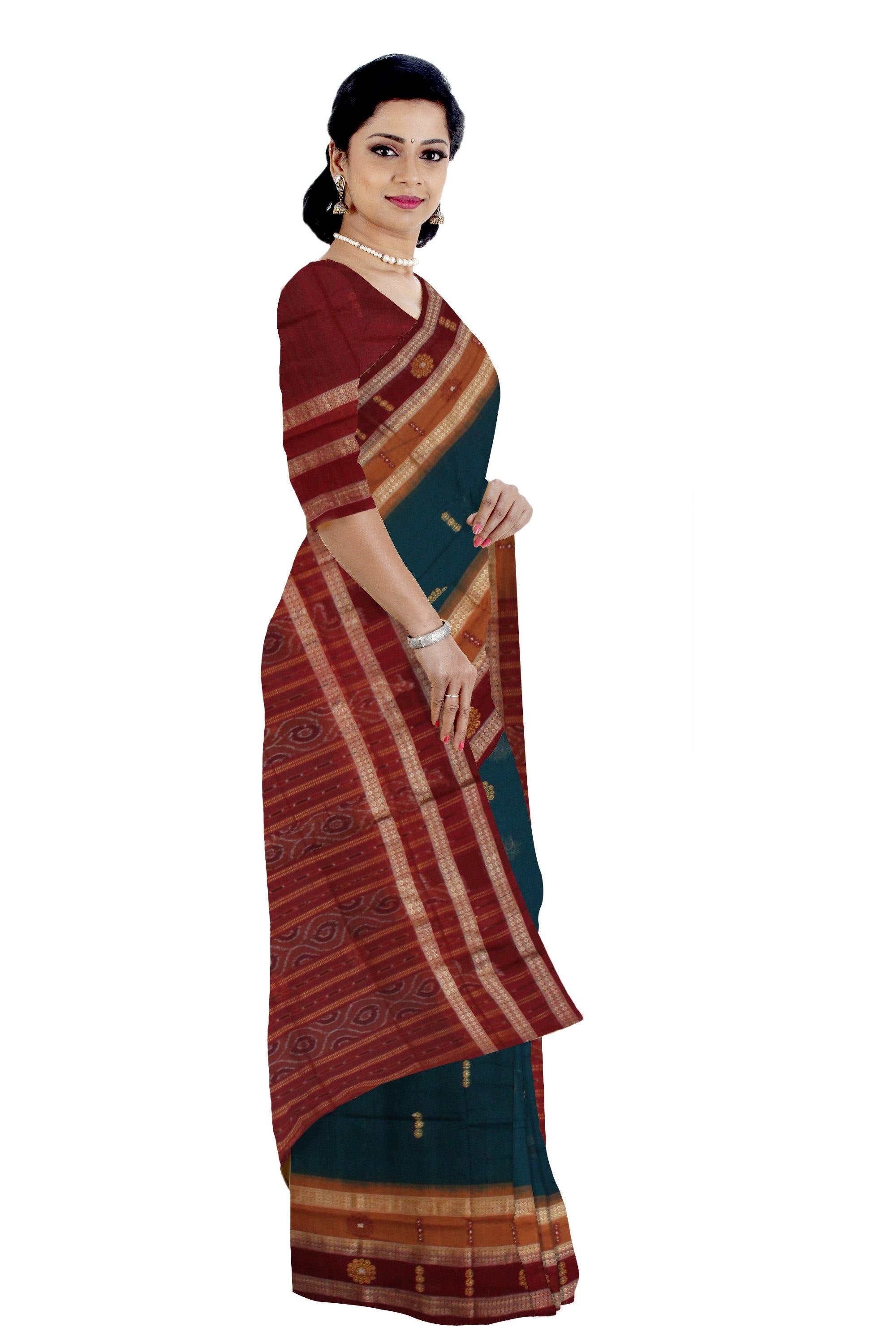 Sambalpuri Cotton Green color Saree with bomkei flower print ( with blouse piece) - Koshali Arts & Crafts Enterprise