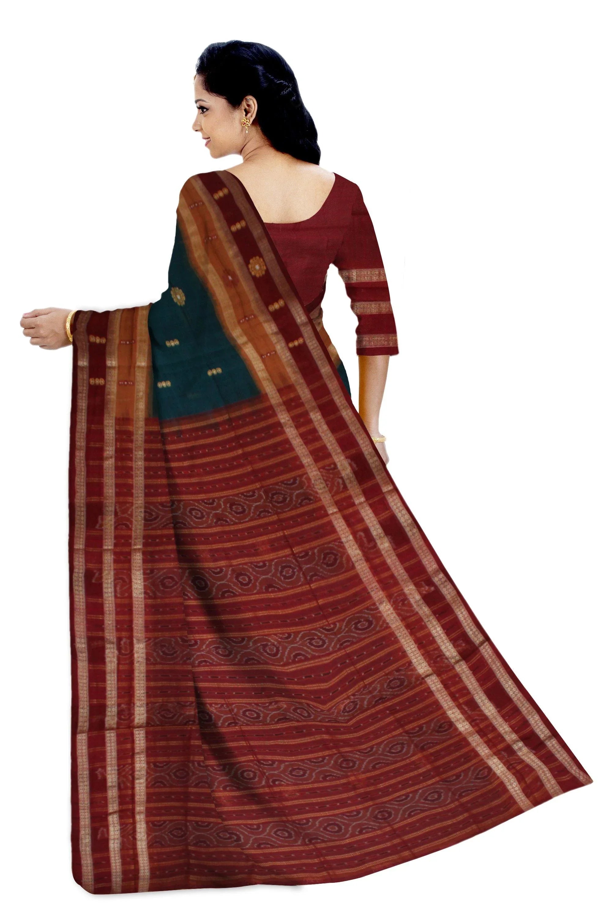 Sambalpuri Cotton Green color Saree with bomkei flower print ( with blouse piece) - Koshali Arts & Crafts Enterprise