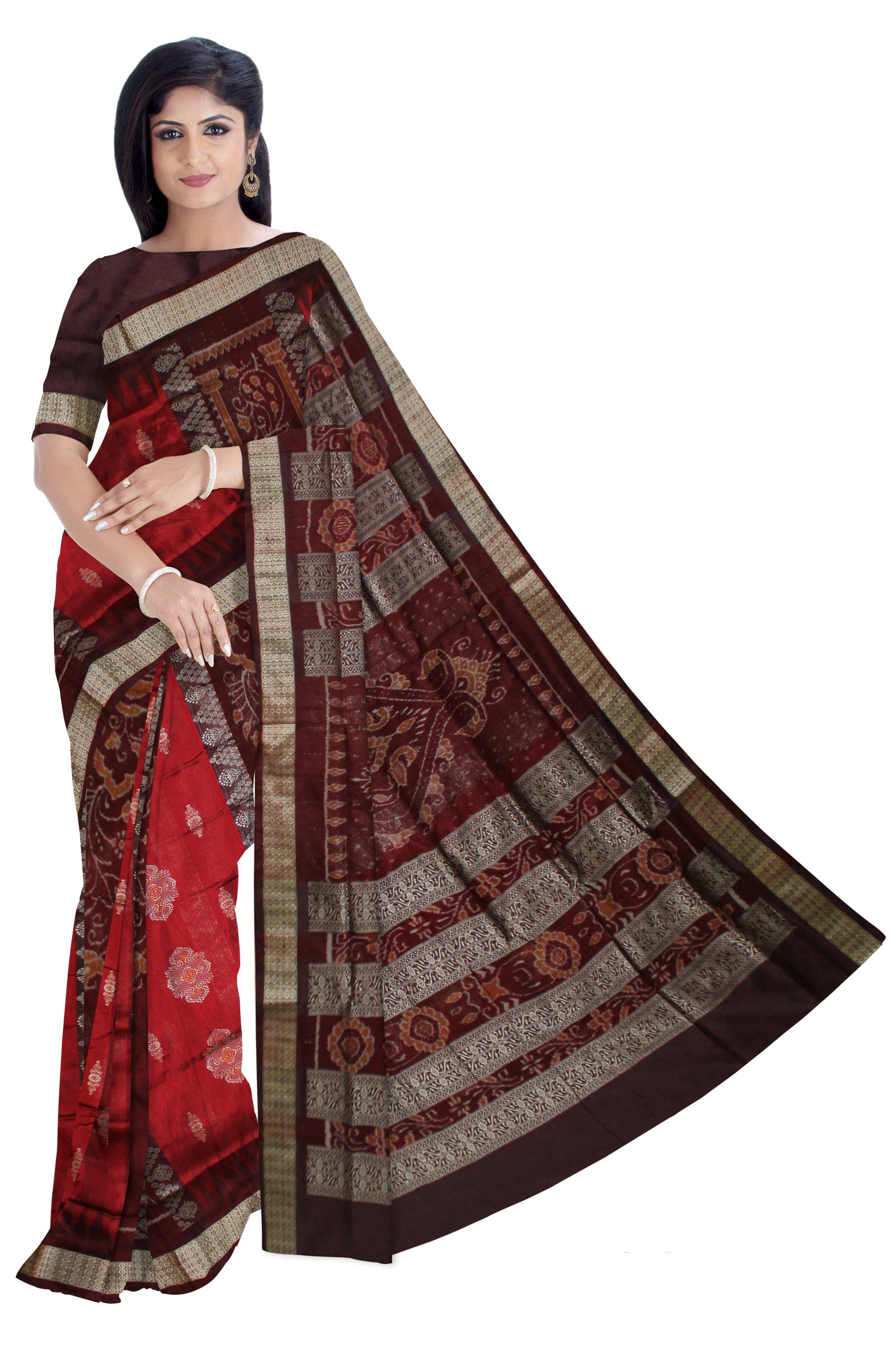 Sambalpuri Pata Saree in Red Color & Flower Bomkei with blouse Piece - Koshali Arts & Crafts Enterprise