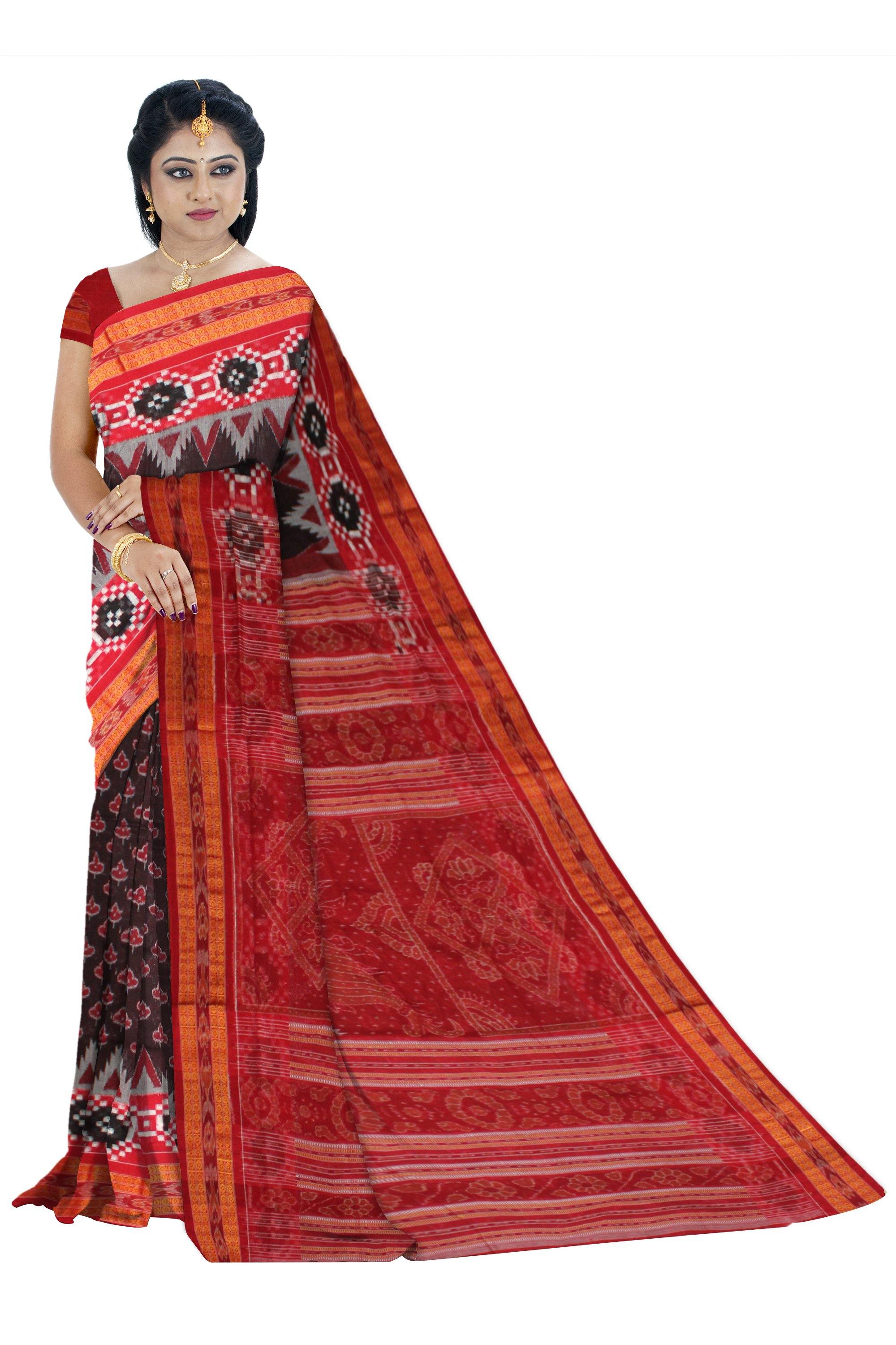 Exclusive Handwoven Sambalpuri Flora Patten Brown Color Saree With Blouse Piece . - Koshali Arts & Crafts Enterprise