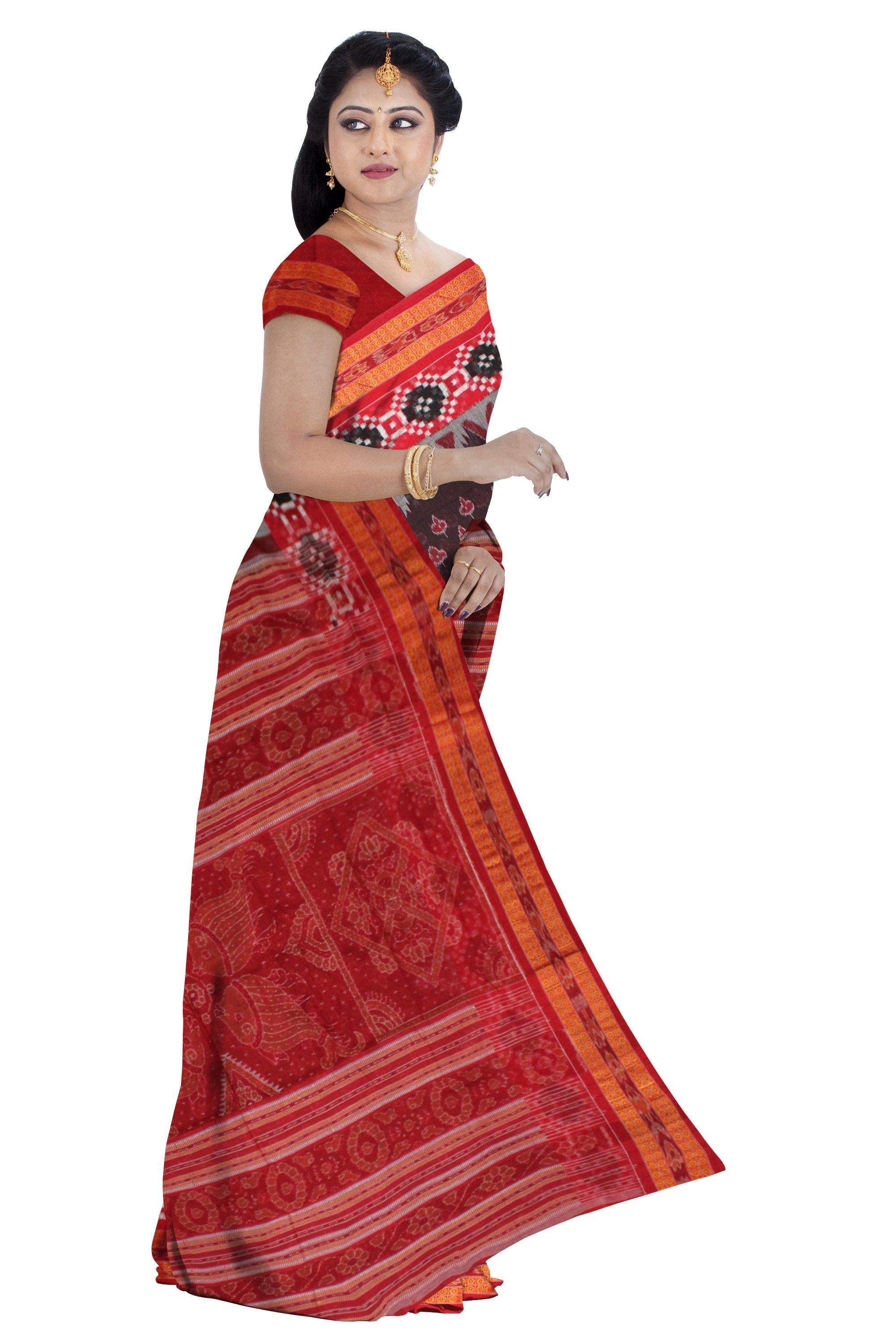 Exclusive Handwoven Sambalpuri Flora Patten Brown Color Saree With Blouse Piece . - Koshali Arts & Crafts Enterprise