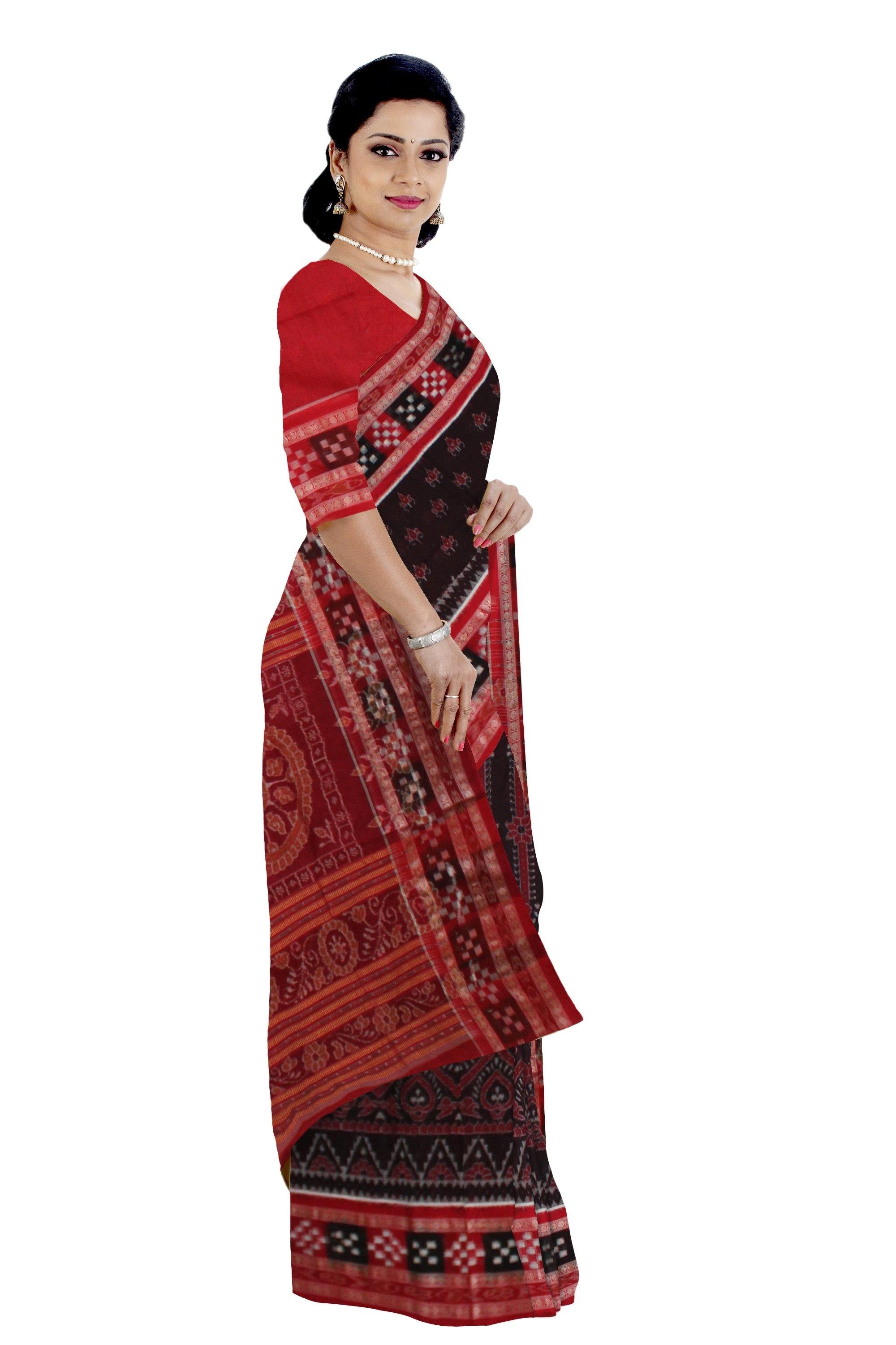 Exclusive Sambalpuri IKAT cotton Saree with sapta border in Brown color with Blouse piece - Koshali Arts & Crafts Enterprise