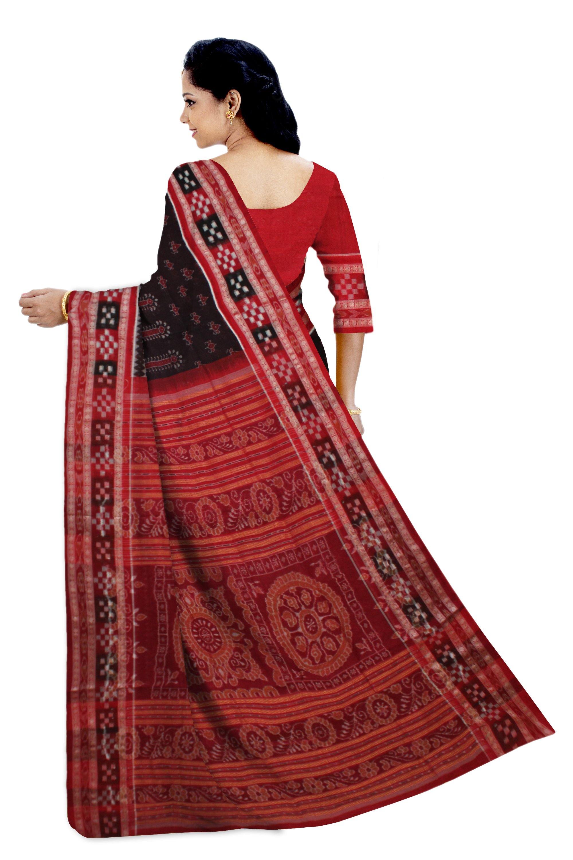 Exclusive Sambalpuri IKAT cotton Saree with sapta border in Brown color with Blouse piece - Koshali Arts & Crafts Enterprise